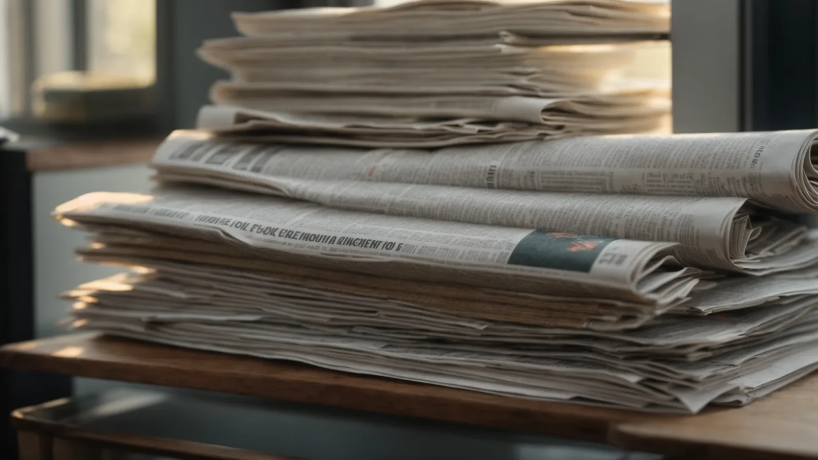 a stack of newspapers sits on a wooden table, illuminated by the soft morning light through a nearby window.
