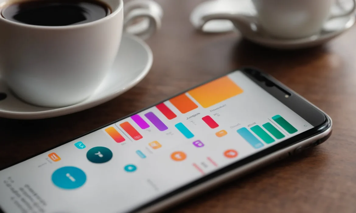 a smartphone displaying colorful graphs and icons on its screen, resting on a table next to a cup of coffee.