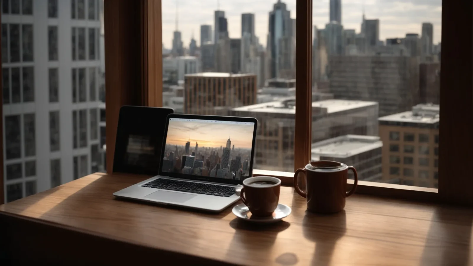a laptop, a coffee mug, and a notebook on a wooden desk with a window showing a city view in the background.