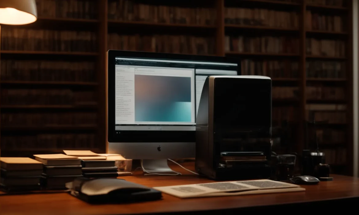 a computer sits on a desk with an open manuscript on the screen, surrounded by stacks of books under the soft glow of a desk lamp.