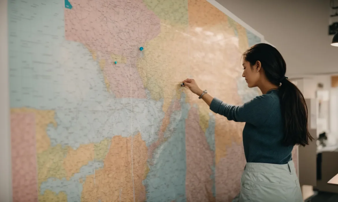 a small business owner pins a local map on the wall, marking their services area with colorful pushpins.