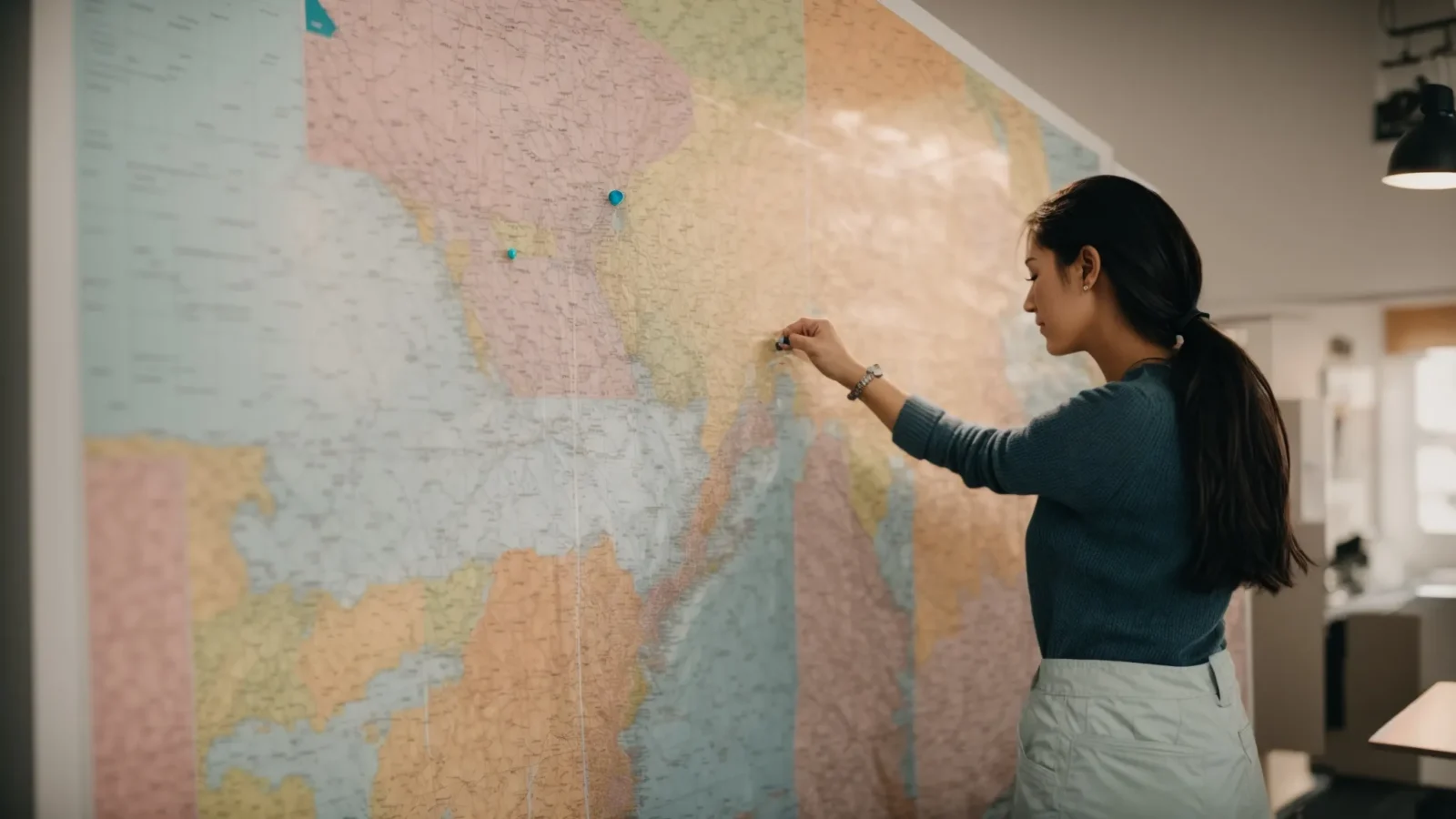 a small business owner pins a local map on the wall, marking their services area with colorful pushpins.
