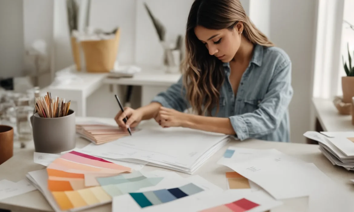 a designer thoughtfully sketches fashion ideas in a bright, minimalist studio filled with fabric samples and mood boards.