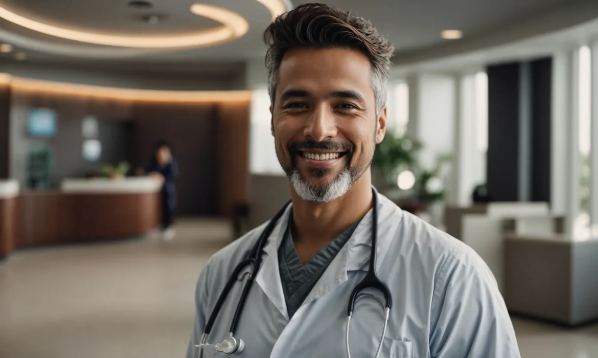 a smiling doctor standing confidently in a modern clinic lobby, with a welcoming gesture.