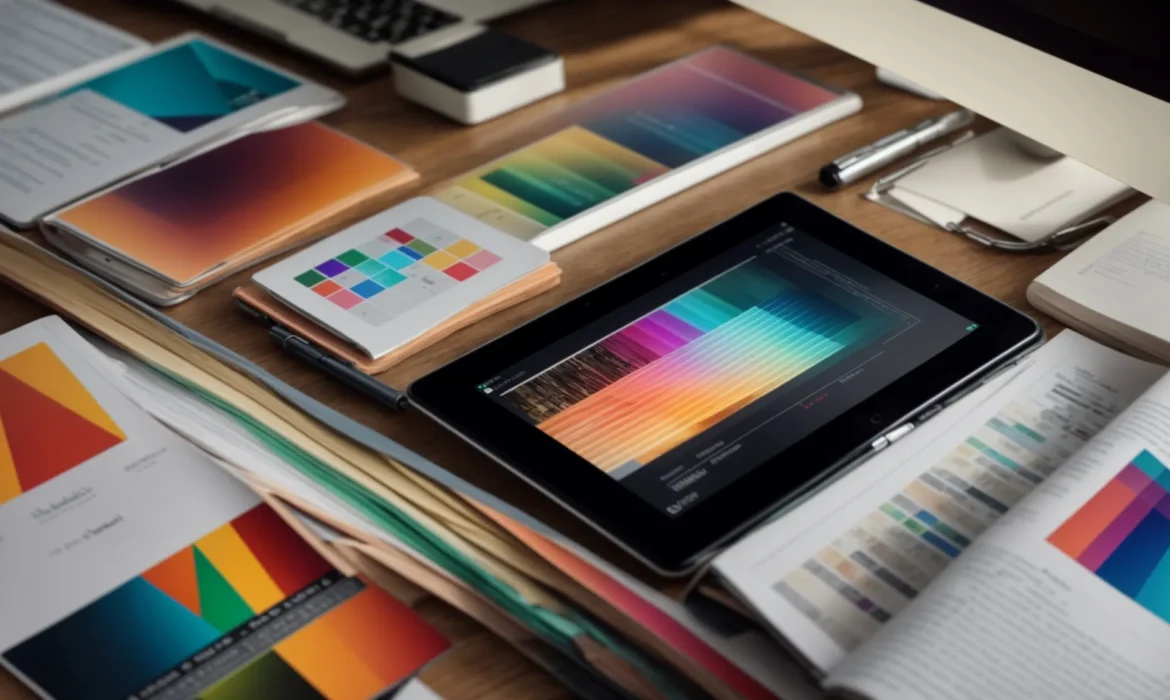 a digital tablet displaying colorful graphs lies on a desk surrounded by marketing strategy books.
