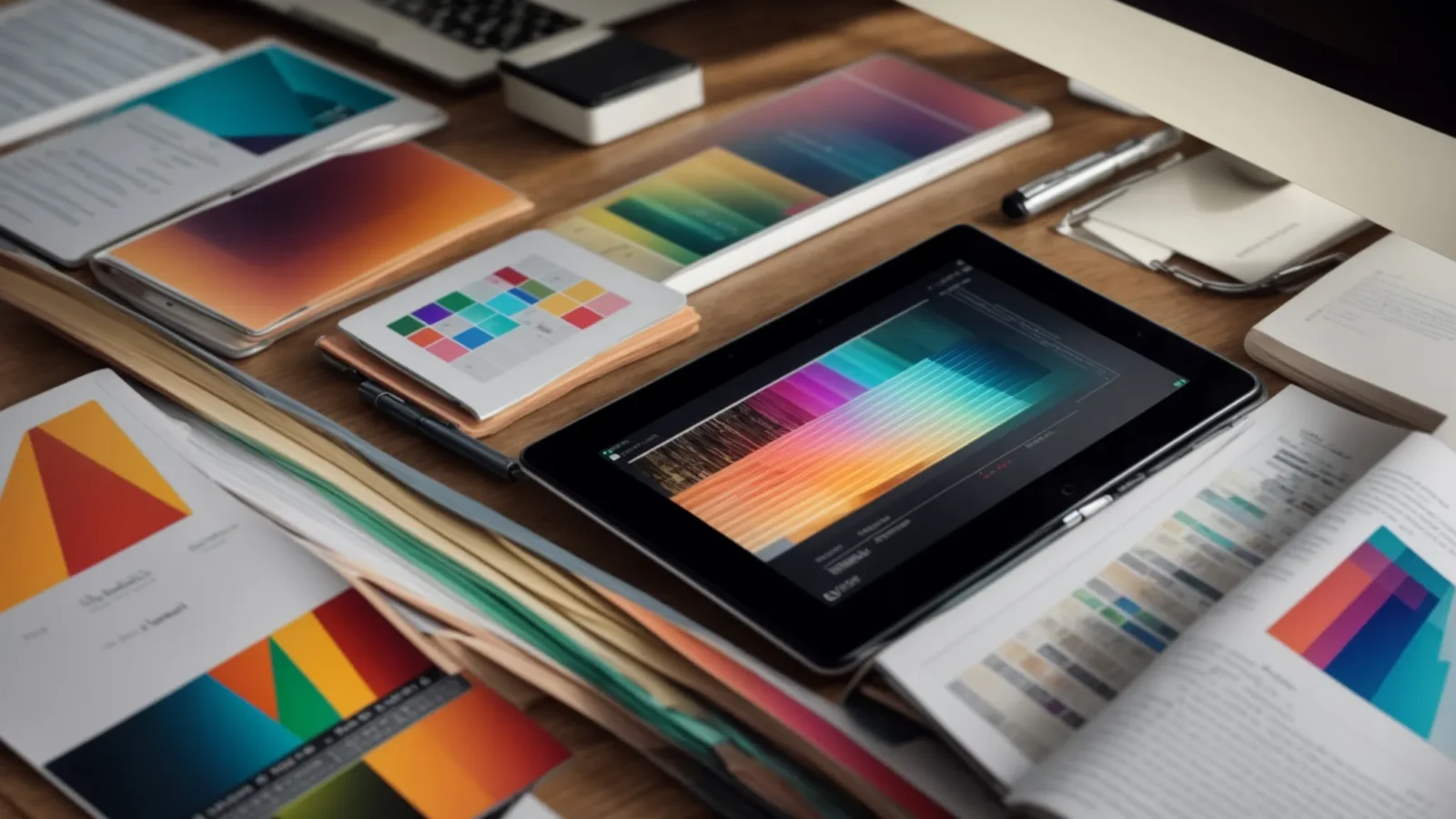 a digital tablet displaying colorful graphs lies on a desk surrounded by marketing strategy books.