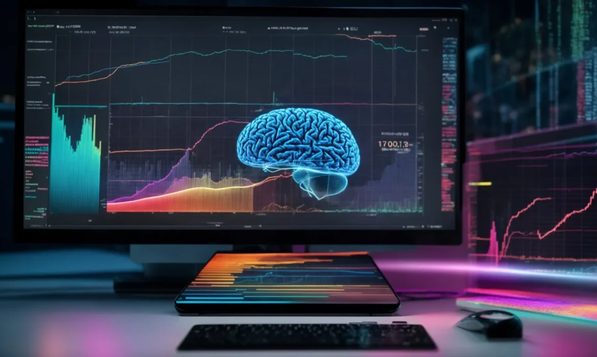 a computer screen displays colorful graphs and data analysis charts while a digital representation of a brain highlights patterns and connections.