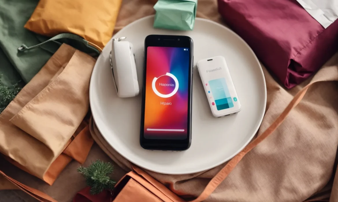 a smartphone displaying a colorful shopping app interface rests on a table, surrounded by shopping bags.