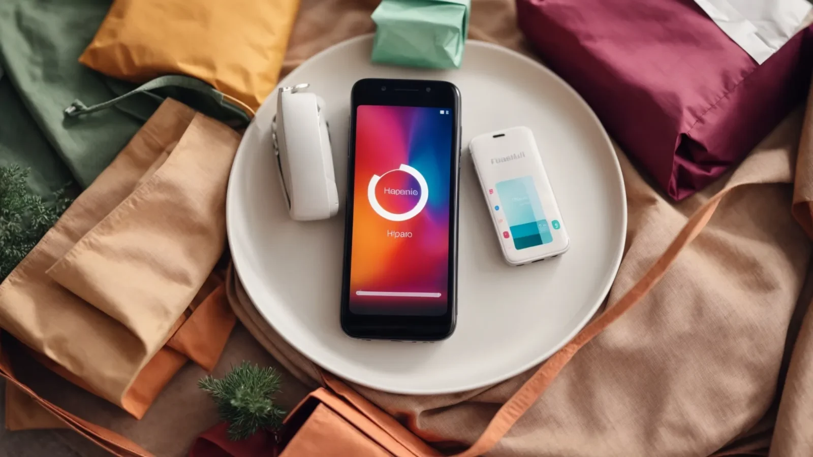 a smartphone displaying a colorful shopping app interface rests on a table, surrounded by shopping bags.