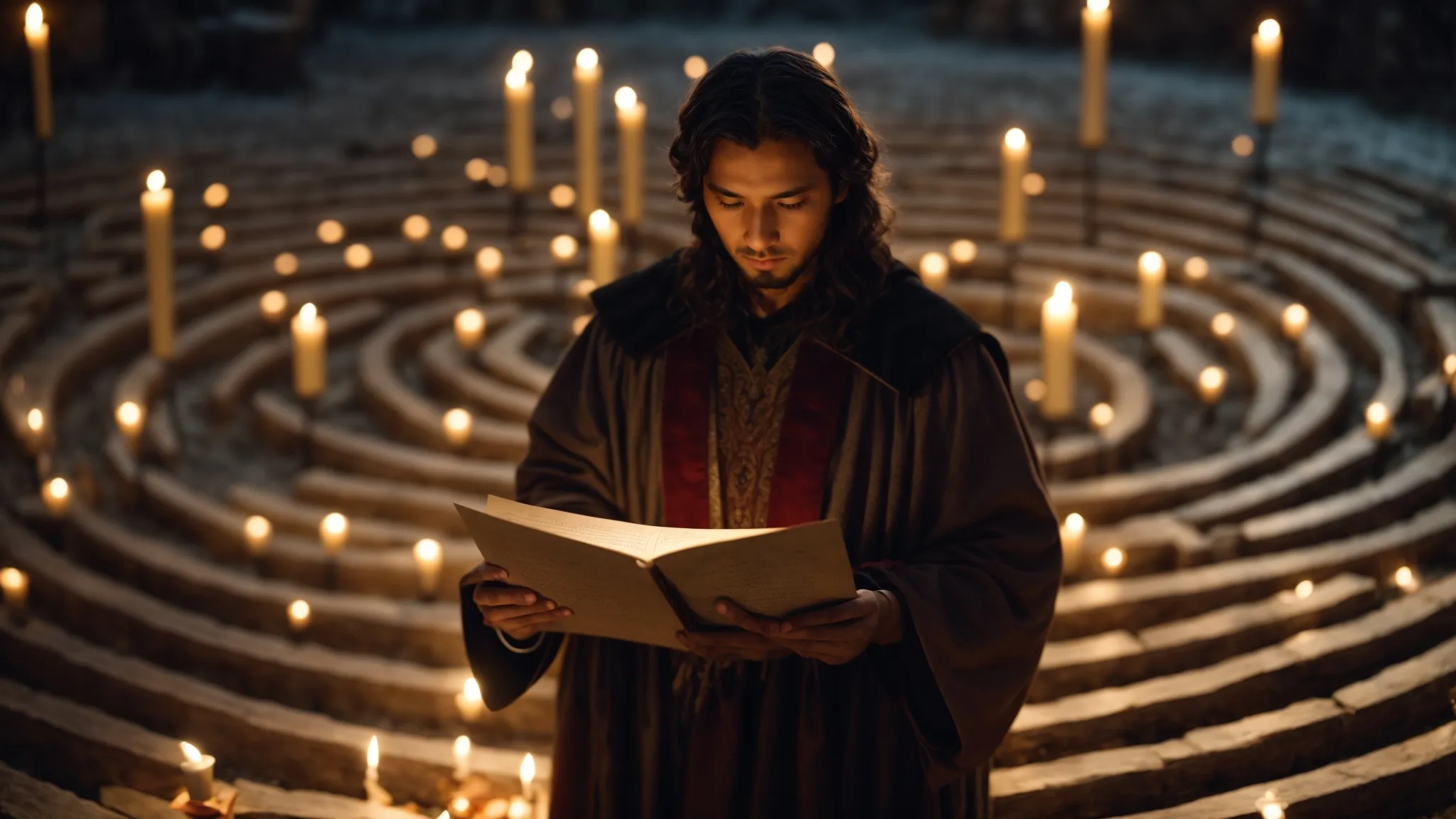 a medieval scholar navigates a candlelit labyrinth, holding a scroll symbolizing seo knowledge, with two distinct pathways diverging in the dim light.