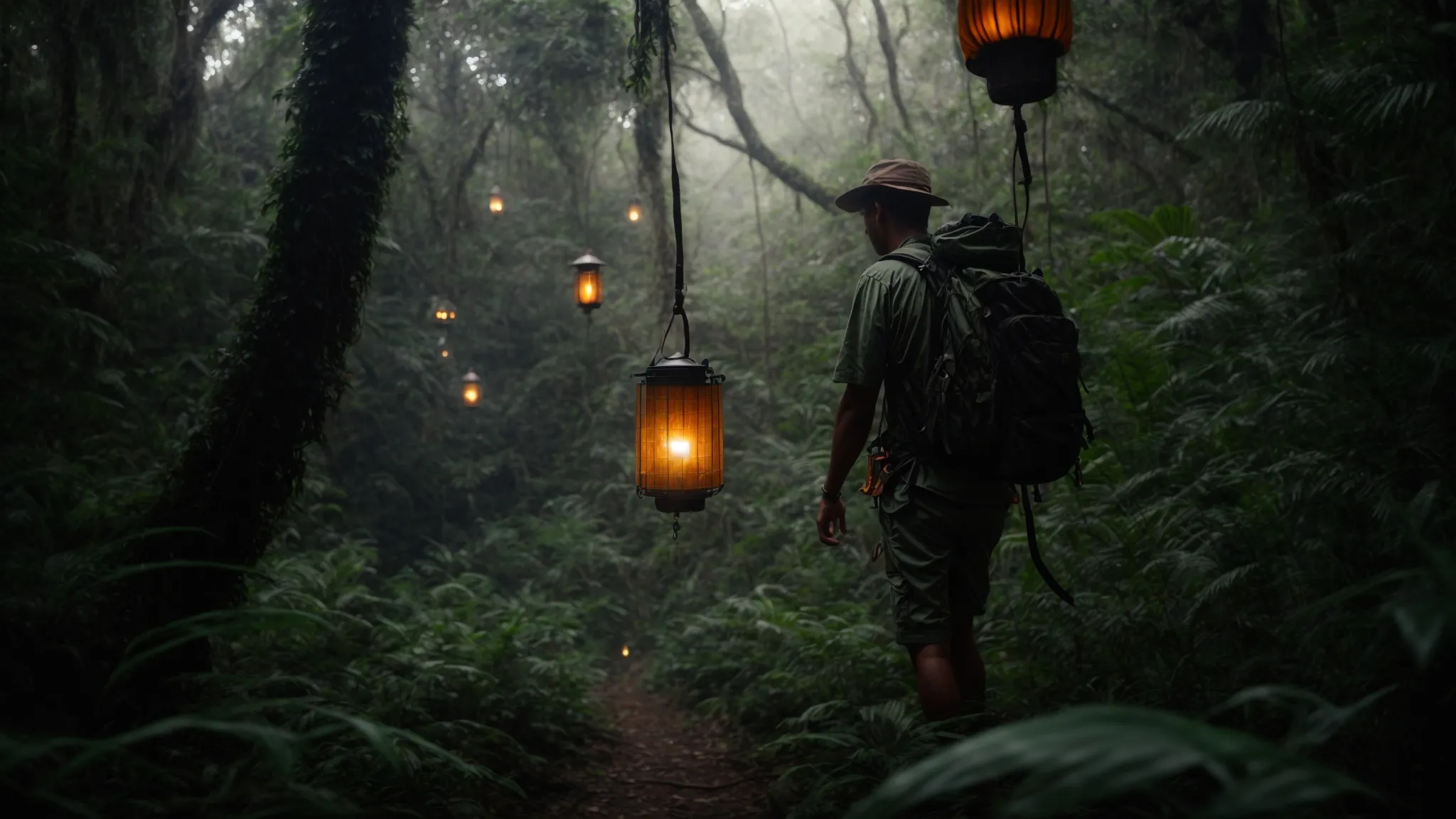 a hiker with a machete navigates a dense jungle, guided by lanterns hanging from the branches above.