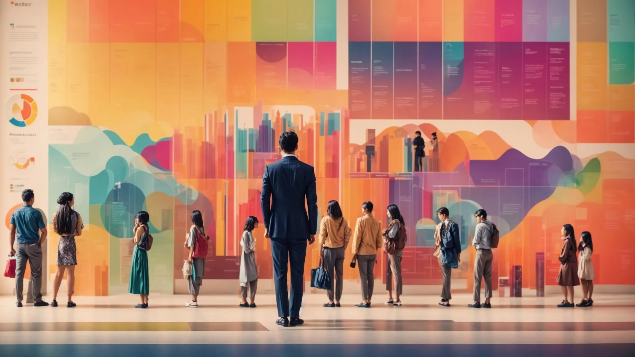 a marketer stands before a large, colorful infographic illustrating diverse groups of people to highlight their varying interests and needs.