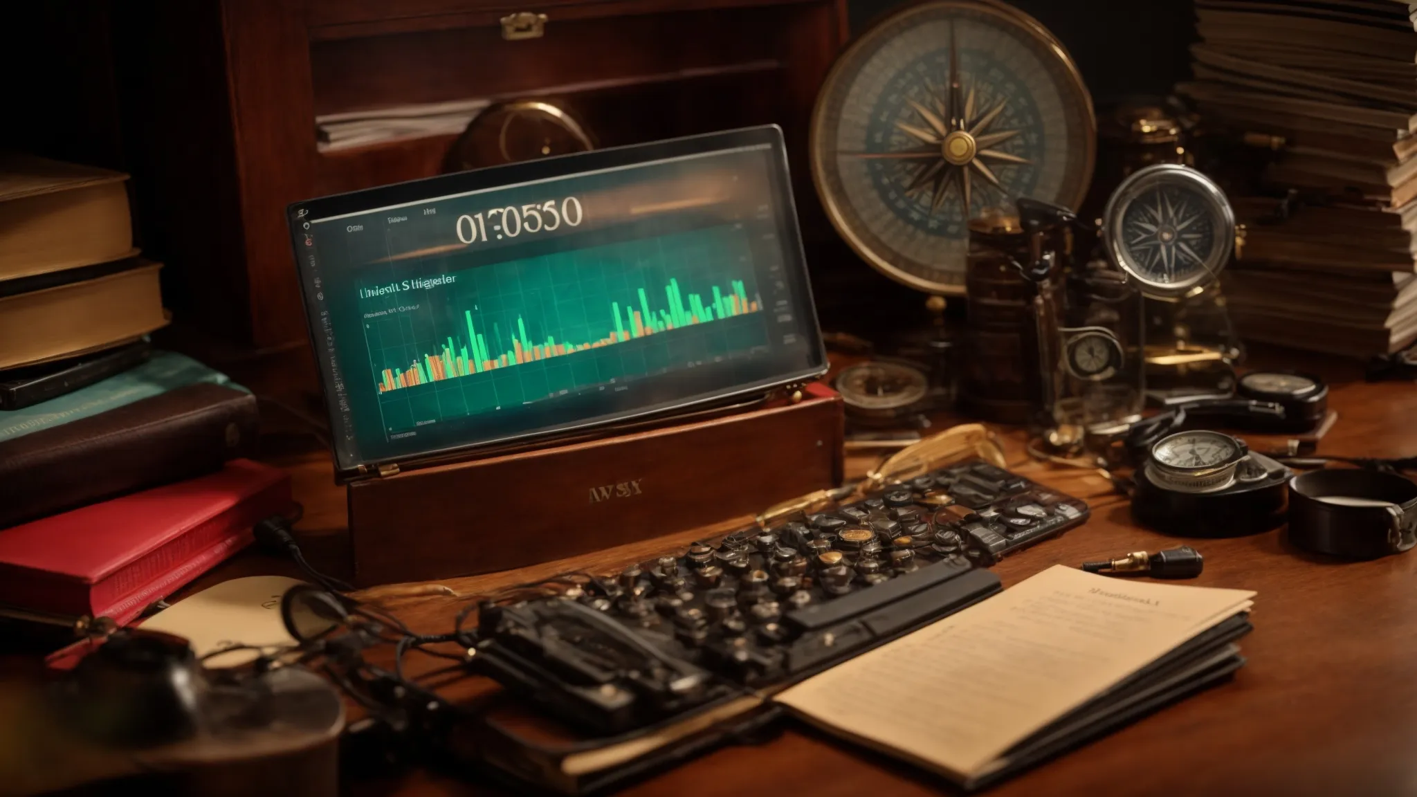 an antique desk holds a pile of vibrant blogs and a compass, illuminated by the glow of a computer screen displaying charts of social media analytics.