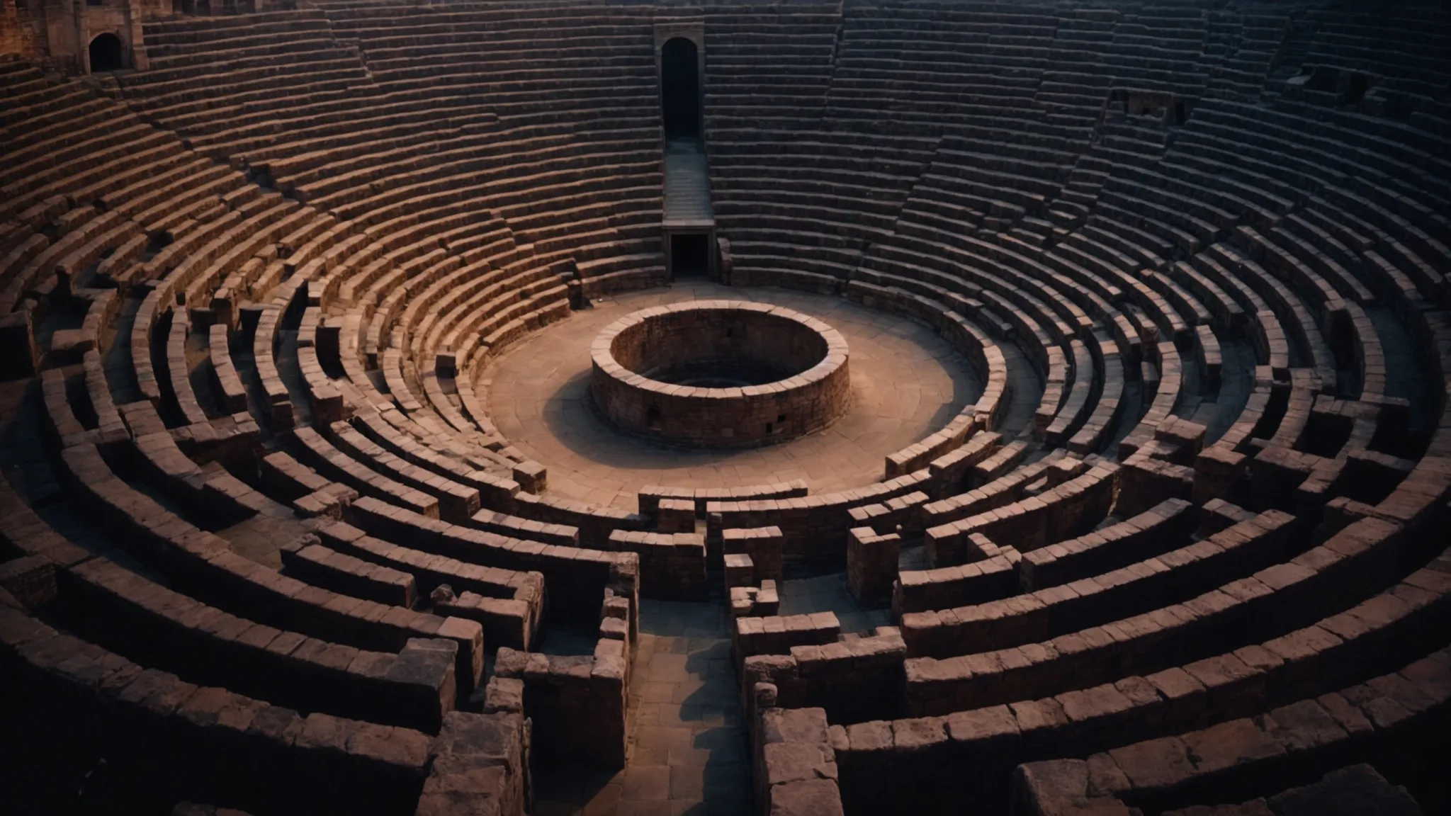 a maze constructed inside a vast, ancient coliseum under a twilight sky, symbolizing the challenges of navigating reputational risks in the business world.