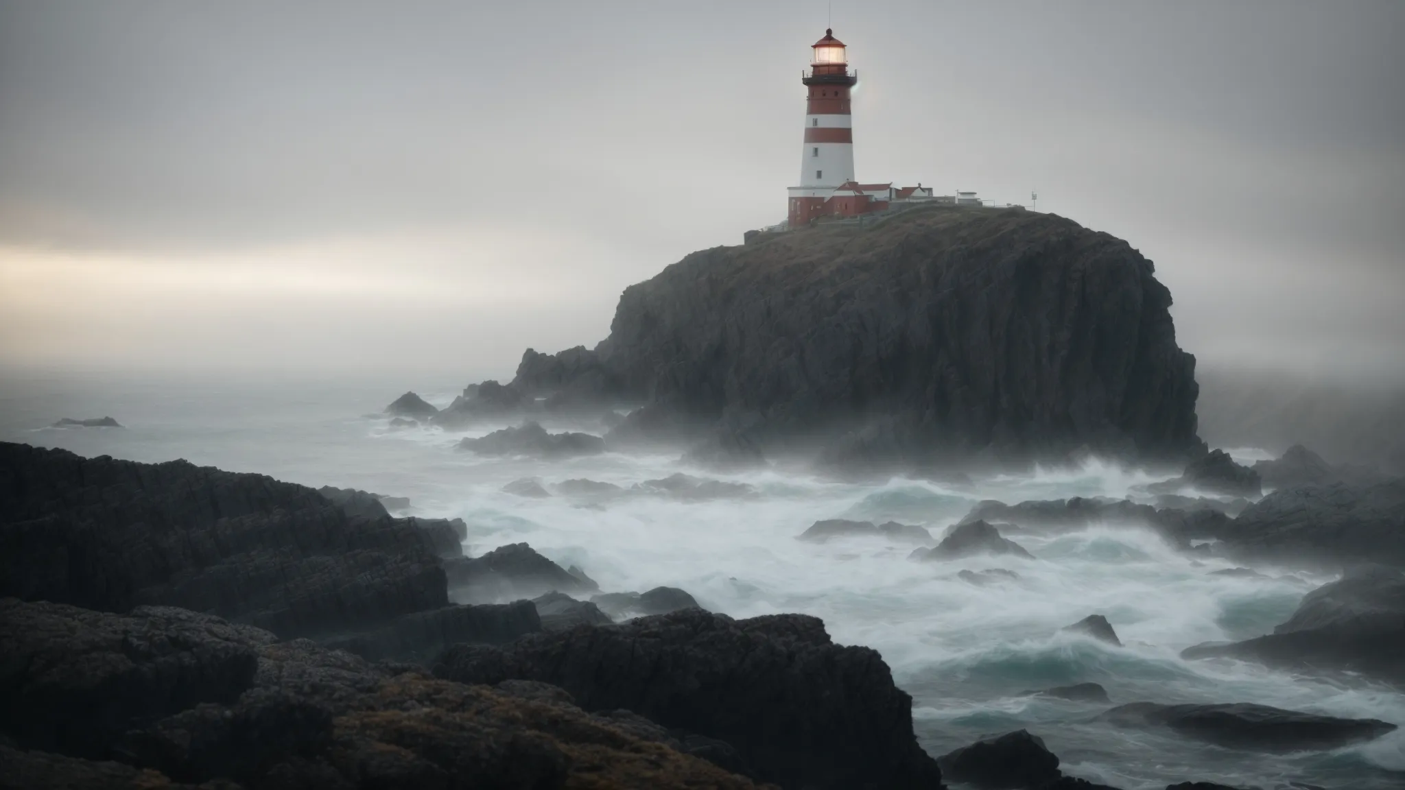 a lone lighthouse stands on a rocky coastline, its light piercing through the fog, guiding unseen ships in the vast ocean.