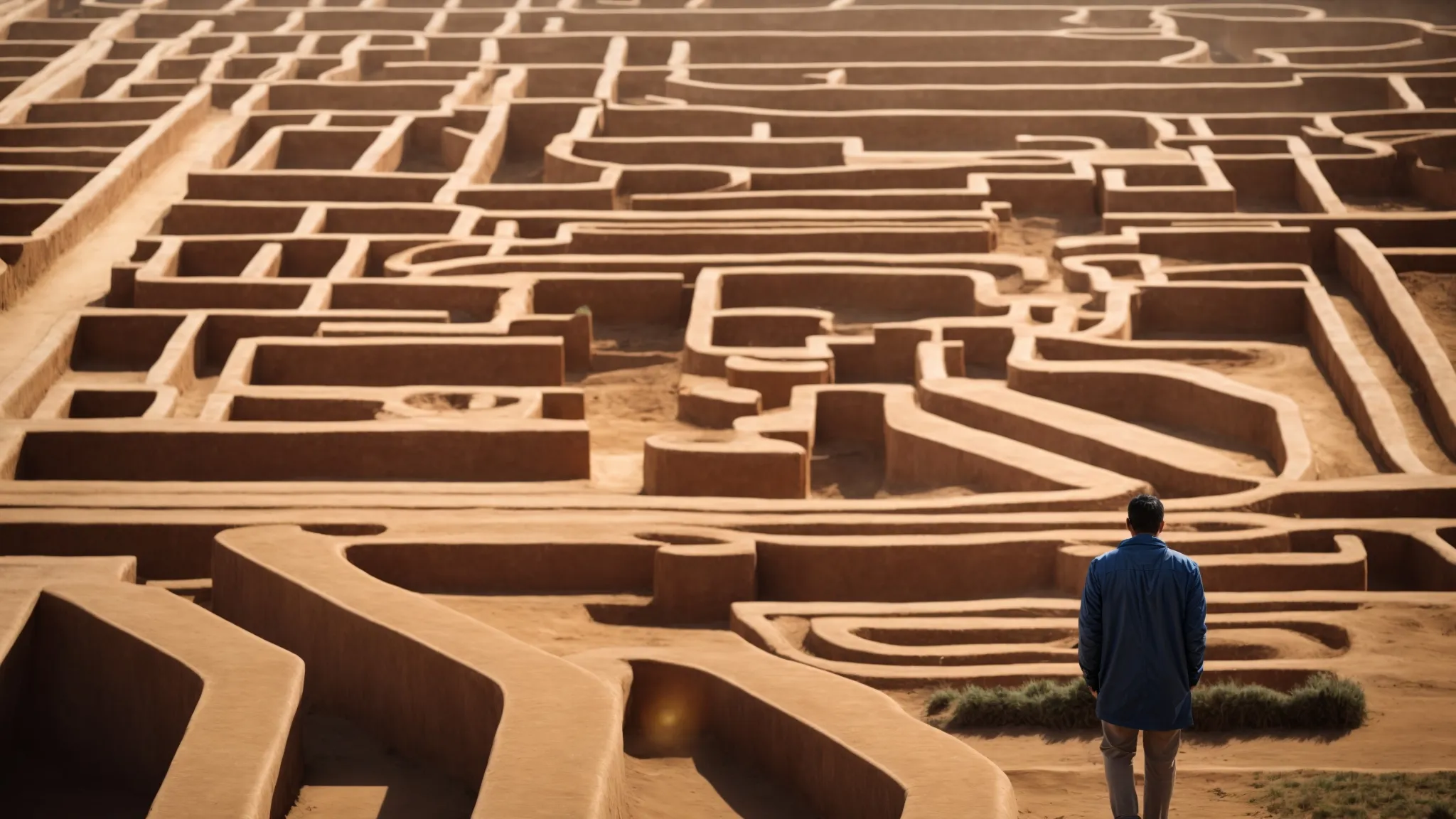 a person stands at the entrance of a vast, sunlit maze, holding a rolled-up blueprint and gazing thoughtfully at the path ahead.