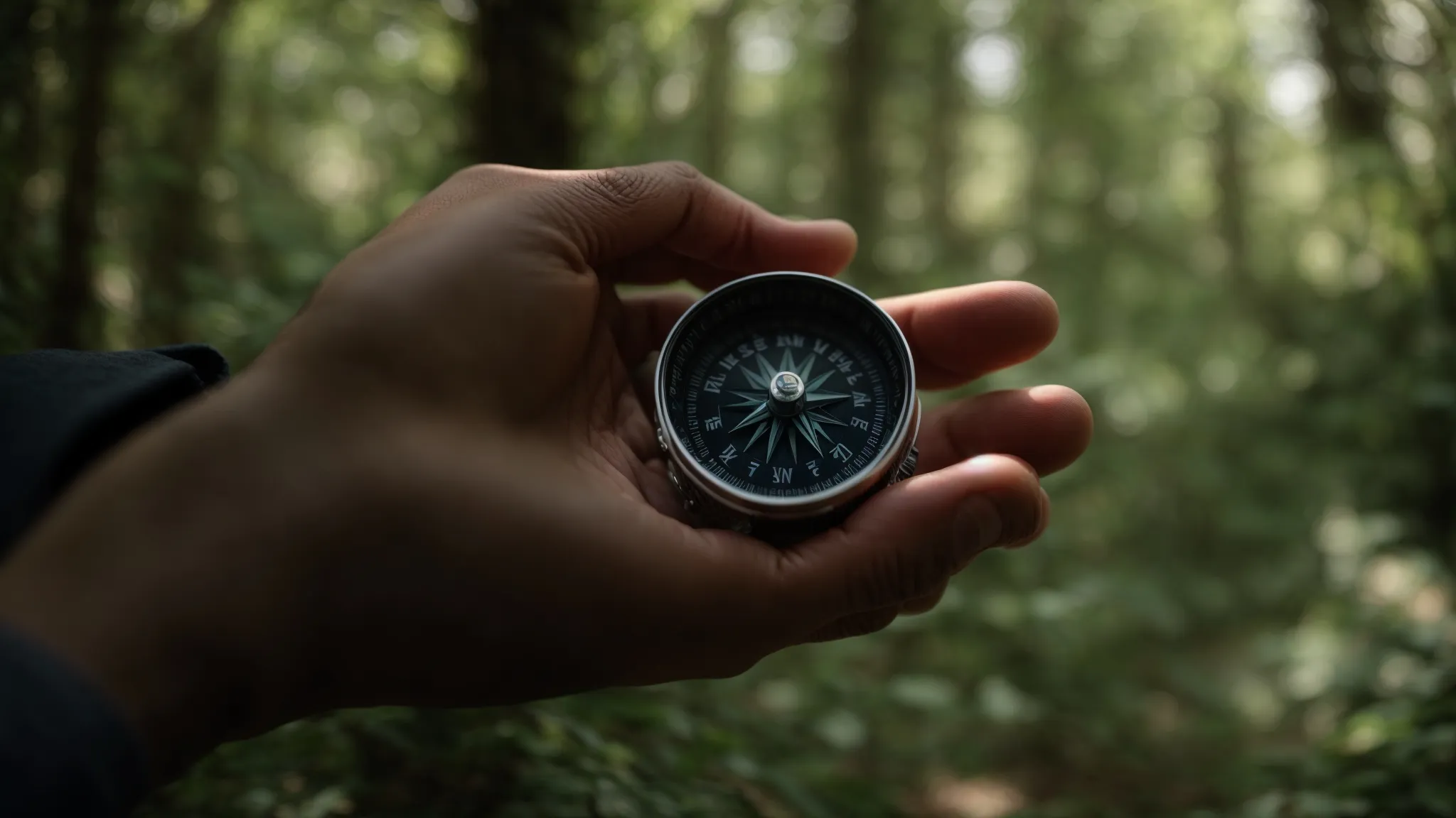 a person holding a compass, navigating through a dense forest in broad daylight.