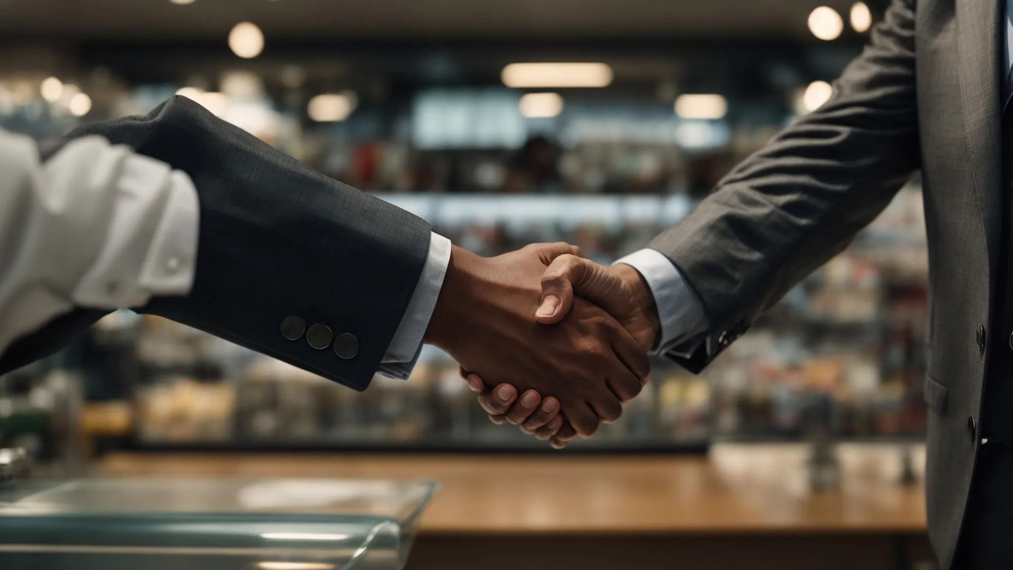 a close-up view of a customer and a business representative shaking hands against the backdrop of a bustling store, symbolizing a strong, enduring partnership.