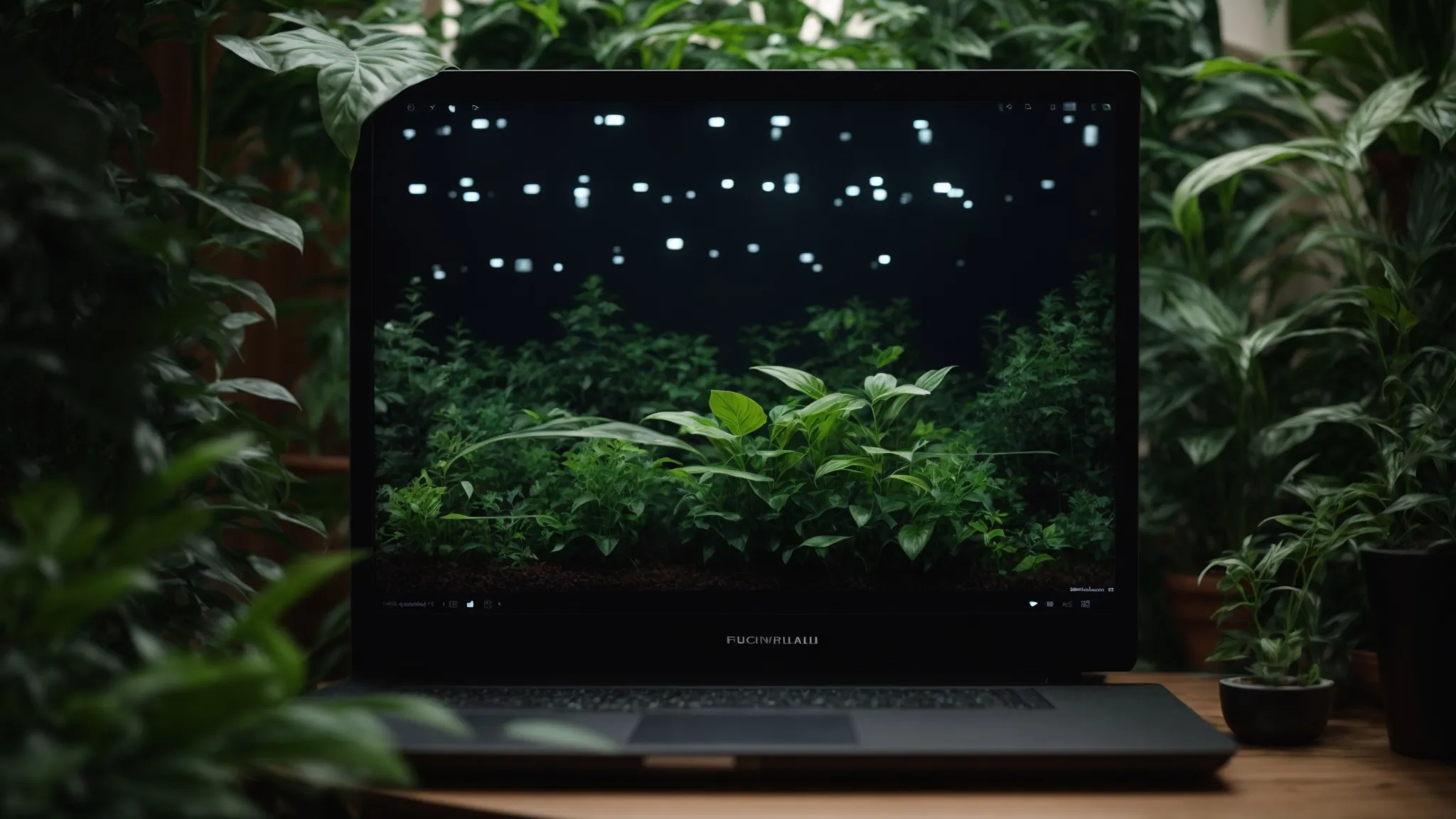 a computer surrounded by flourishing plants, symbolizing growth and connectivity in the digital realm.