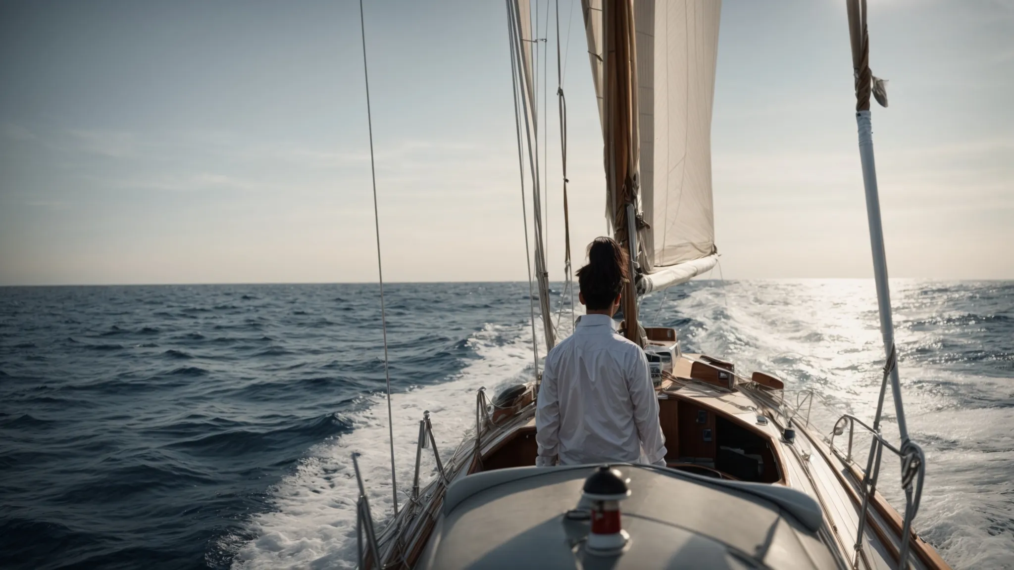 a solitary figure stands at the helm of a sailboat, navigating through calm seas under a clear sky.