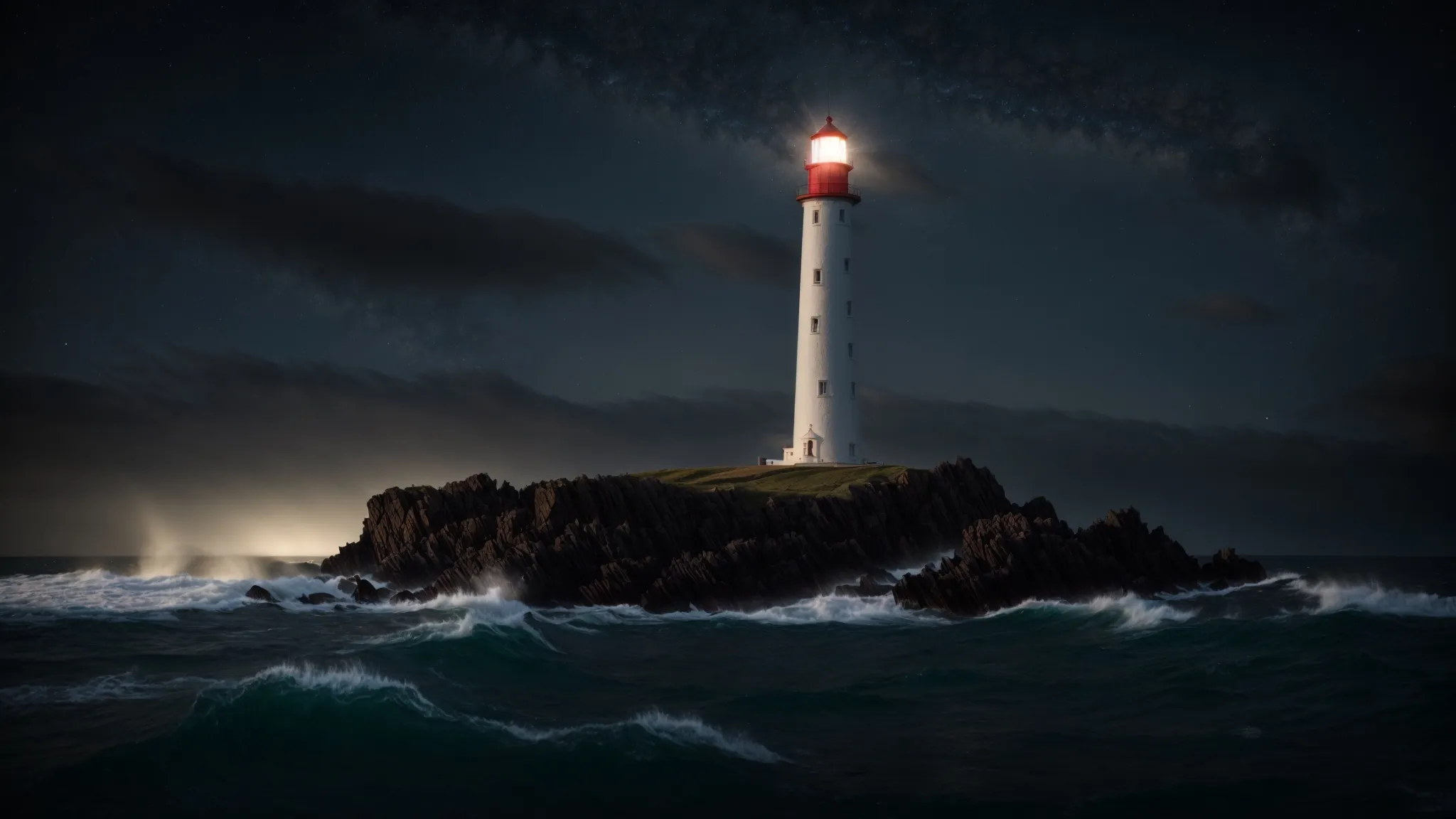 a lighthouse stands tall on a rocky shoreline, casting a beam of light across a dark, tumultuous sea under a starry sky.