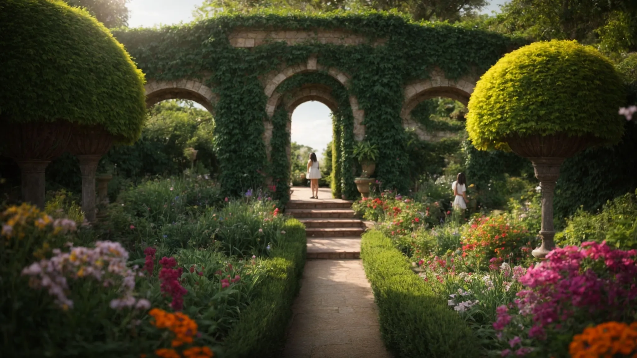 a person stands at the entrance of a vibrant, lush garden with myriad pathways extending into the horizon, symbolizing the start of a journey into the world of link building.