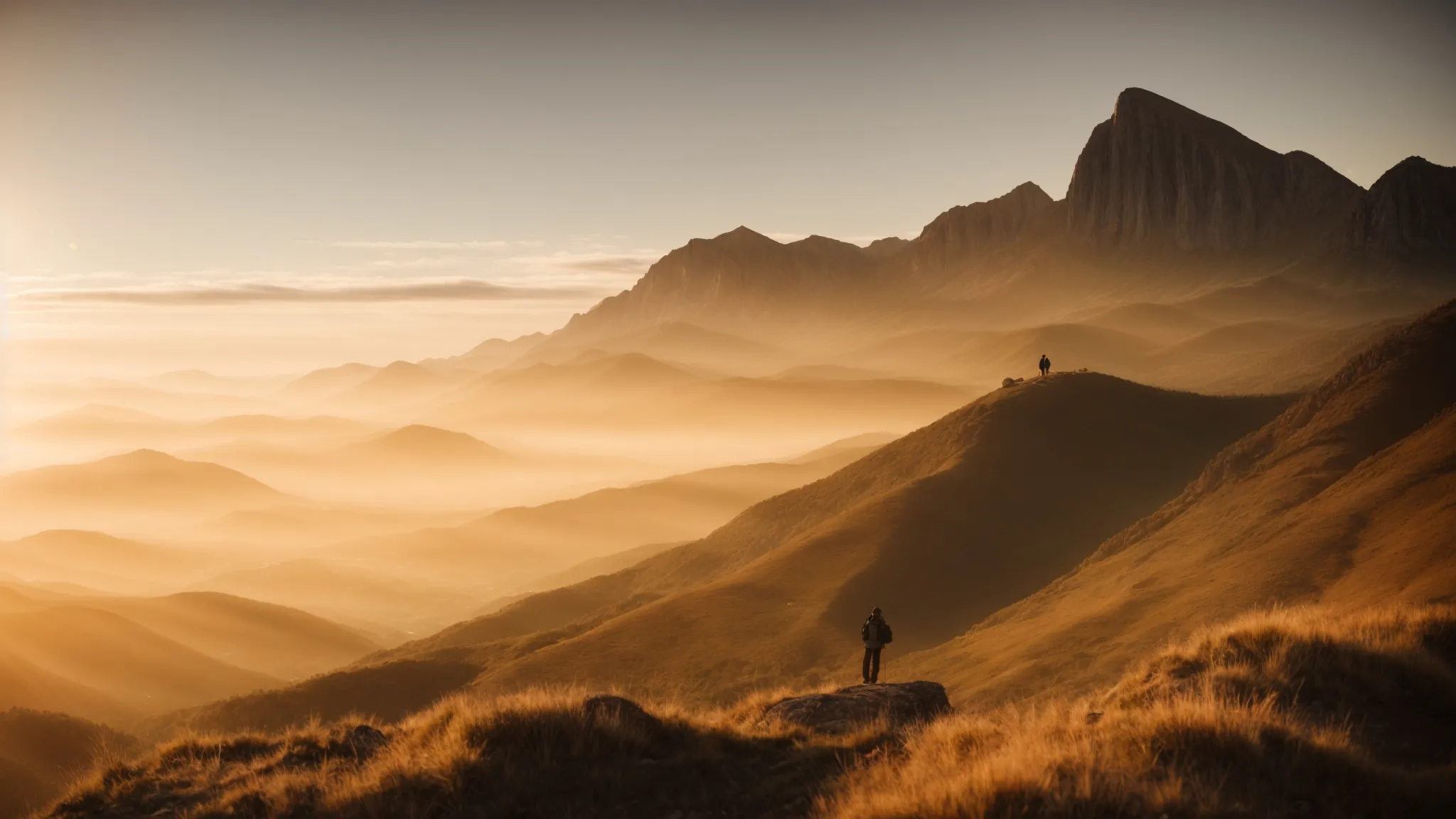 a person stands at the peak of a mountain, overlooking a vast landscape bathed in the golden light of sunrise.