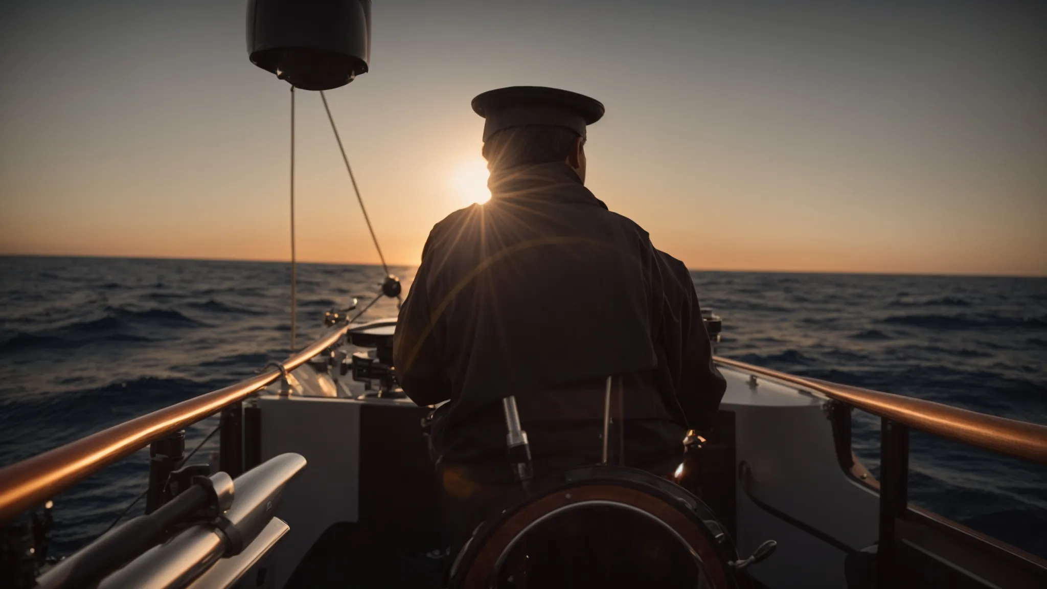 a navigator stands at the helm of a ship, peering through a sextant toward the horizon as the sun sets, symbolizing the journey of understanding and connecting with an audience.