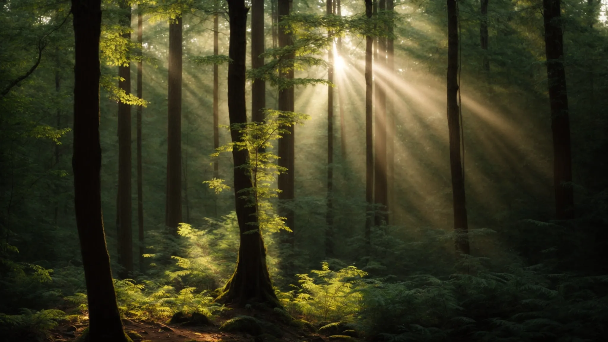 a beam of sunlight pierces through the dense forest canopy, illuminating a single, small sapling growing among towering trees.