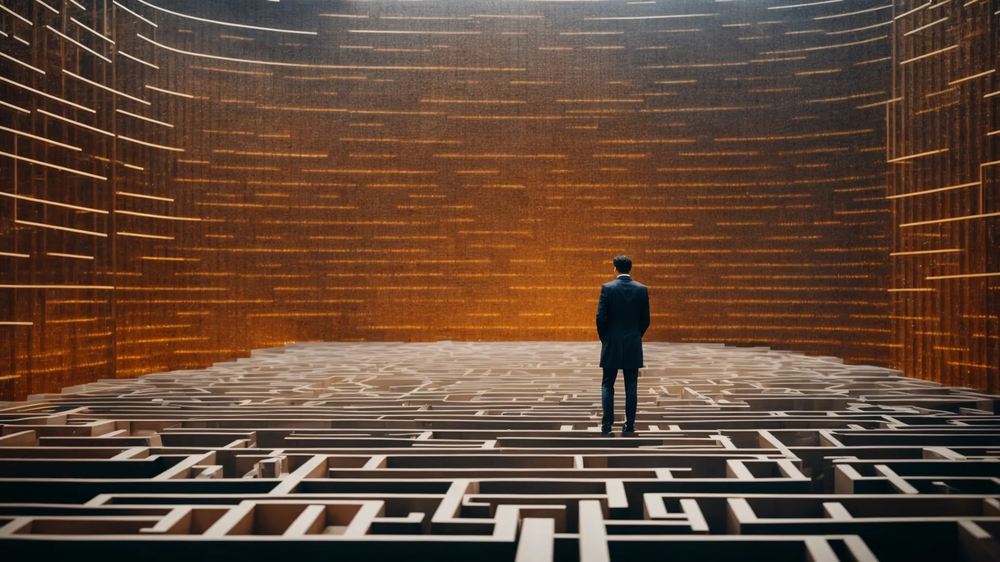 a lone entrepreneur stands at the entrance of a maze constructed from towering digital screens, each displaying a different virtual marketplace.