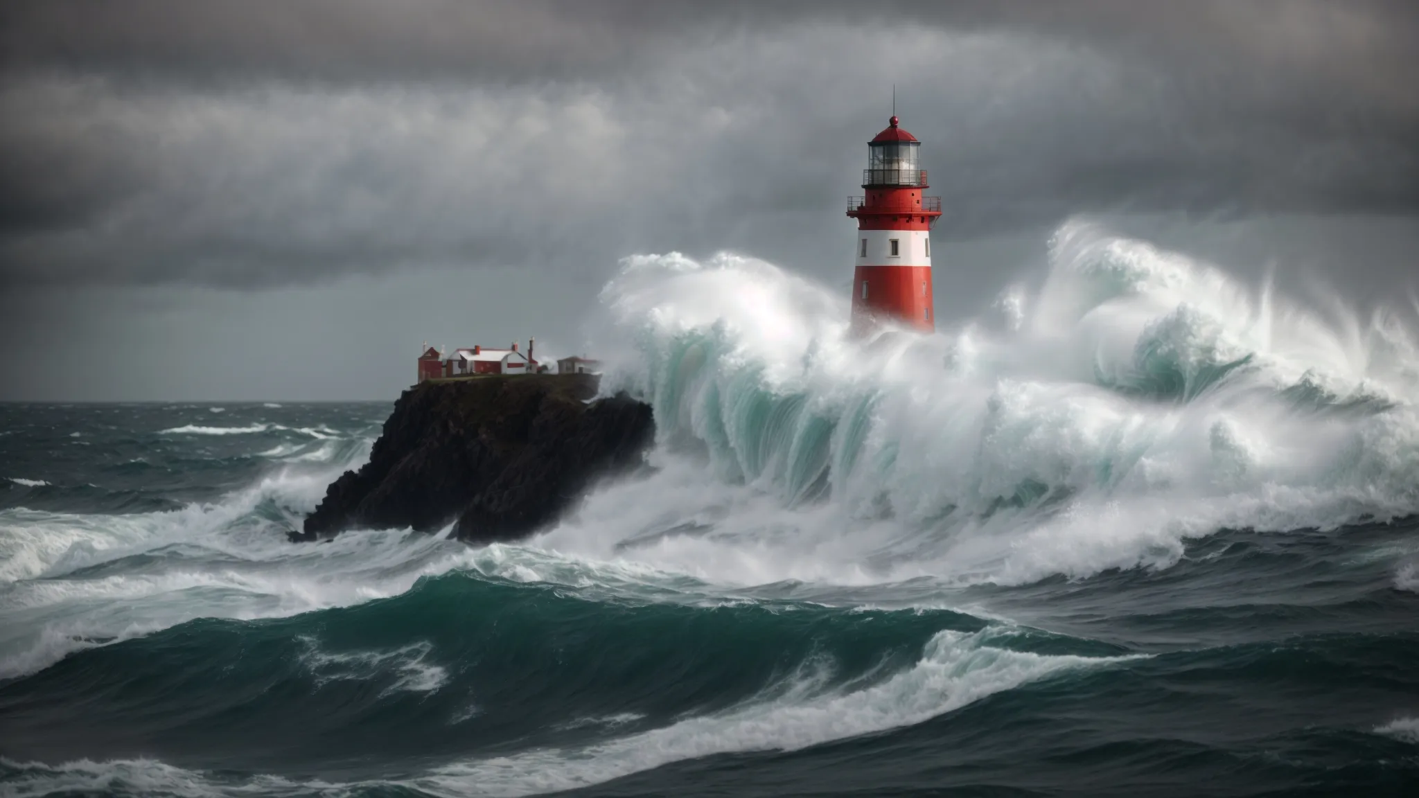 a lighthouse stands tall amidst rough seas, guiding ships safely to shore.