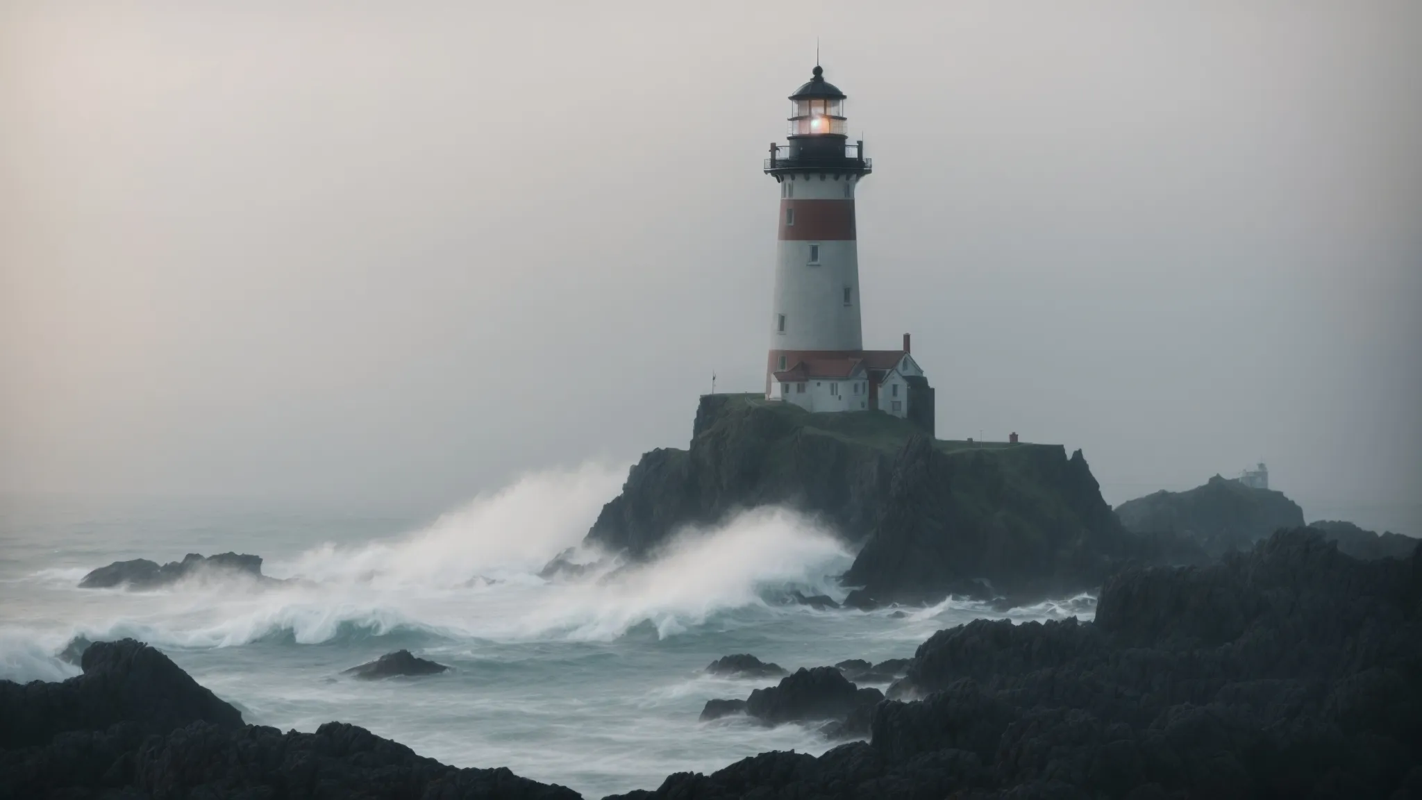a lighthouse stands tall on a rocky coastline, its beam cutting through the fog to guide ships safely to shore.