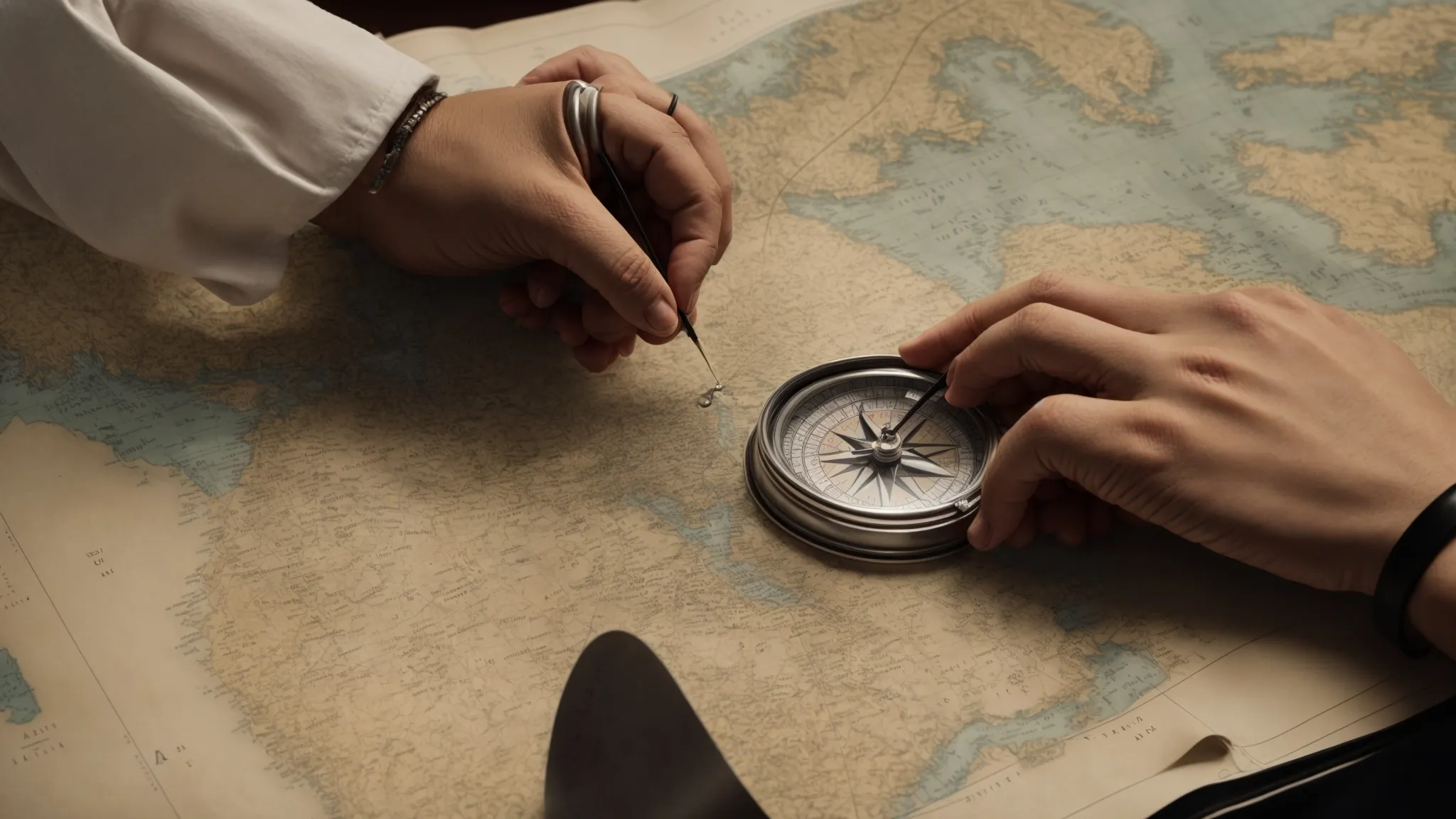 a sailor adjusting a compass on a vintage map, symbolizing strategic navigation through an expansive sea.