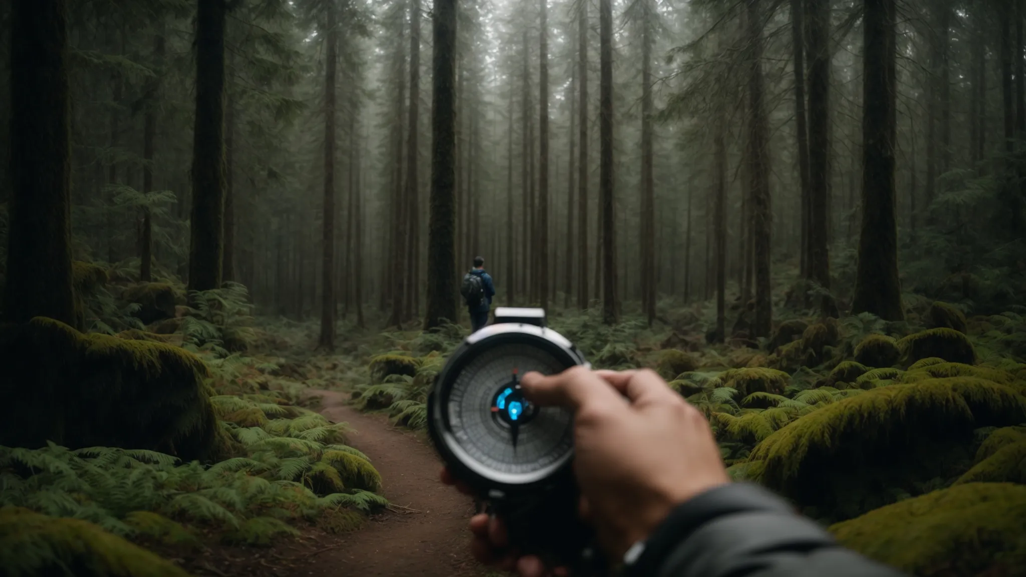 a person stands at the edge of a vast, pristine forest, peering into its depths with a digital compass in hand, symbolizing the journey of exploration powered by google's search engine.