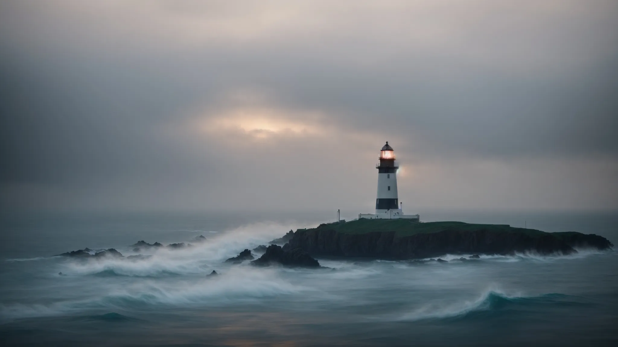 a lighthouse stands tall by the sea at dusk, its beam cutting through the fog, guiding ships safely to shore.