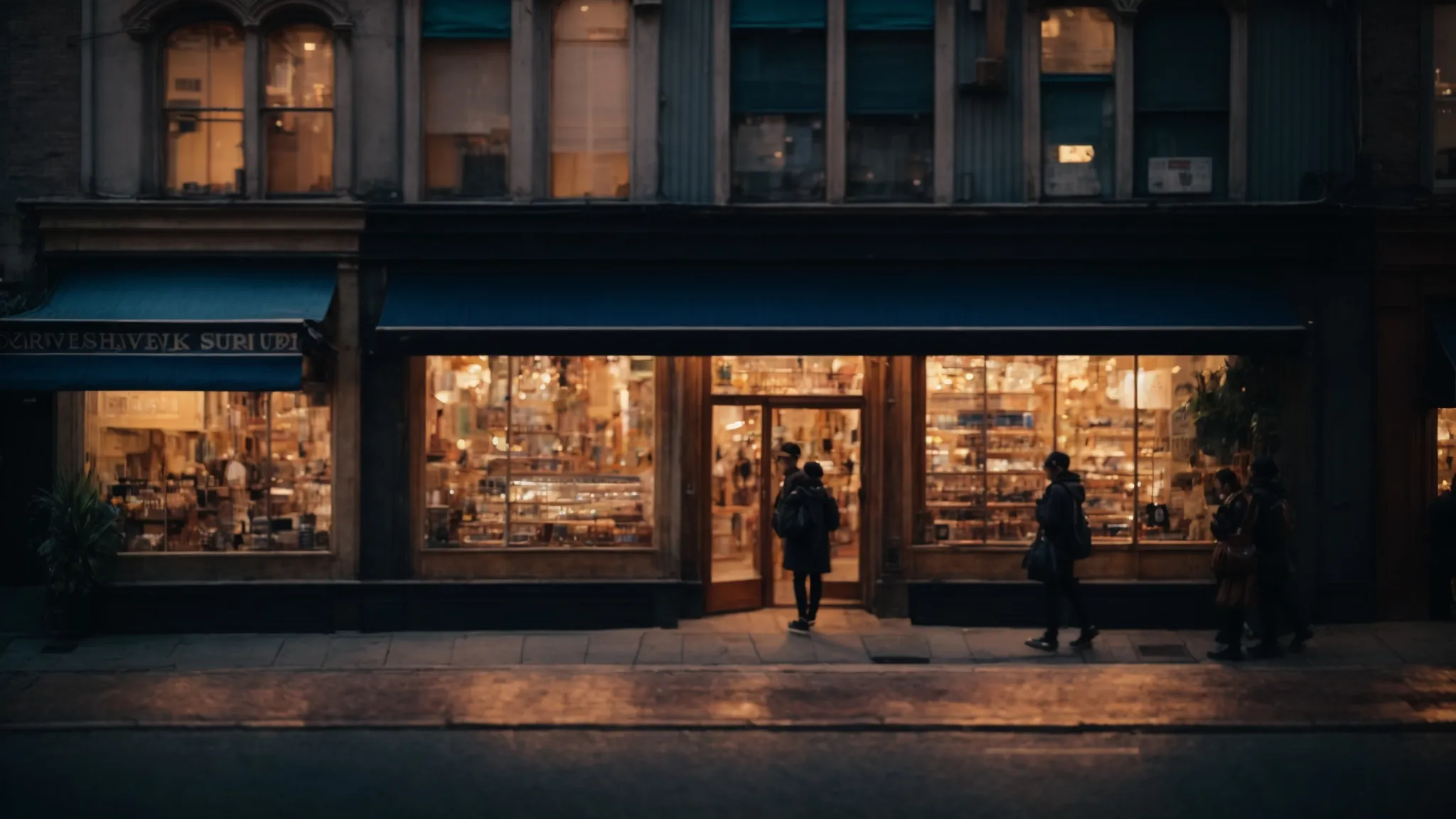 a glowing storefront on a bustling city street shines brightly at dusk, drawing the eyes of passersby amidst numerous other shops.