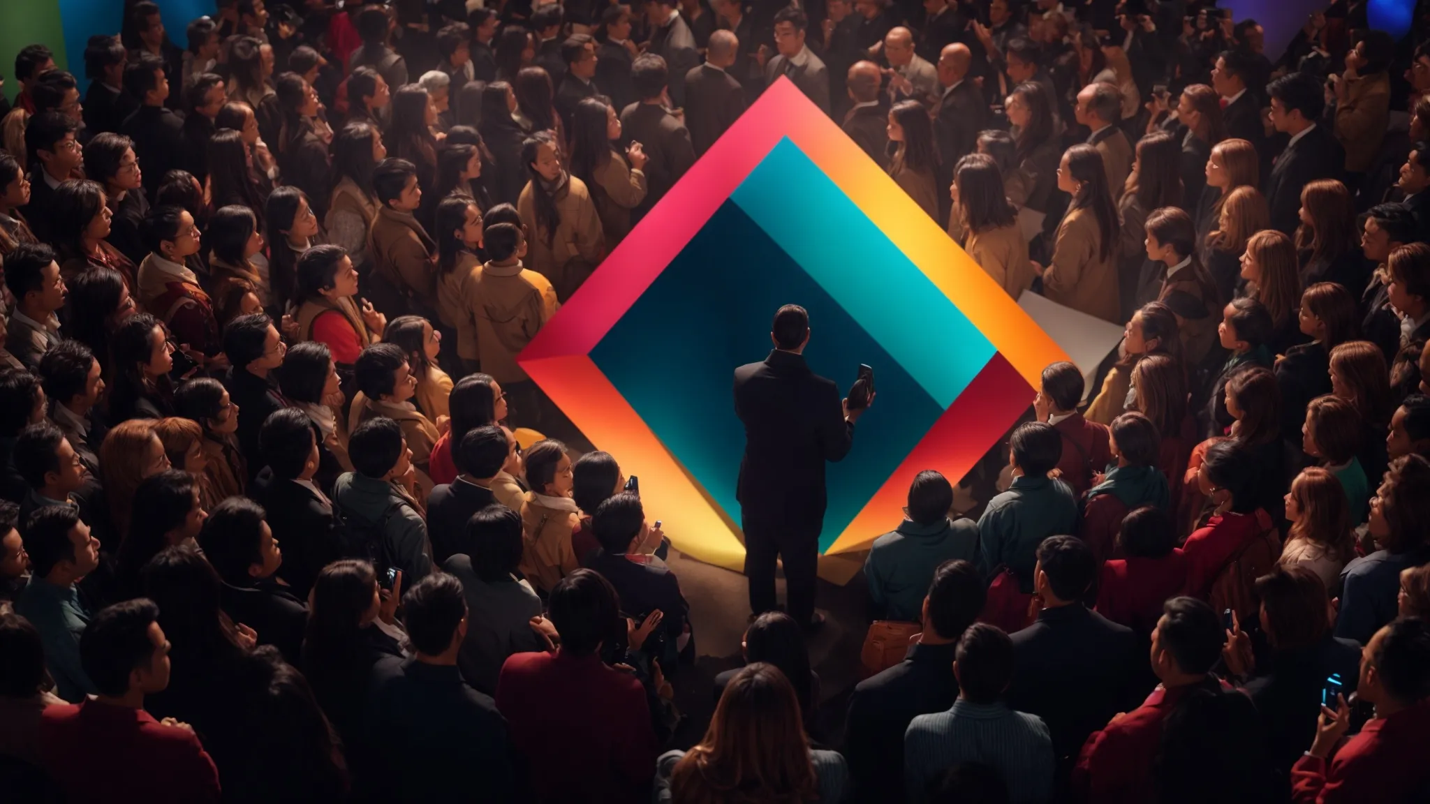 a speaker stands before a diverse crowd, illuminated under a spotlight, as they unveil a large canvas portraying abstract shapes gradually filled with vibrant colors.