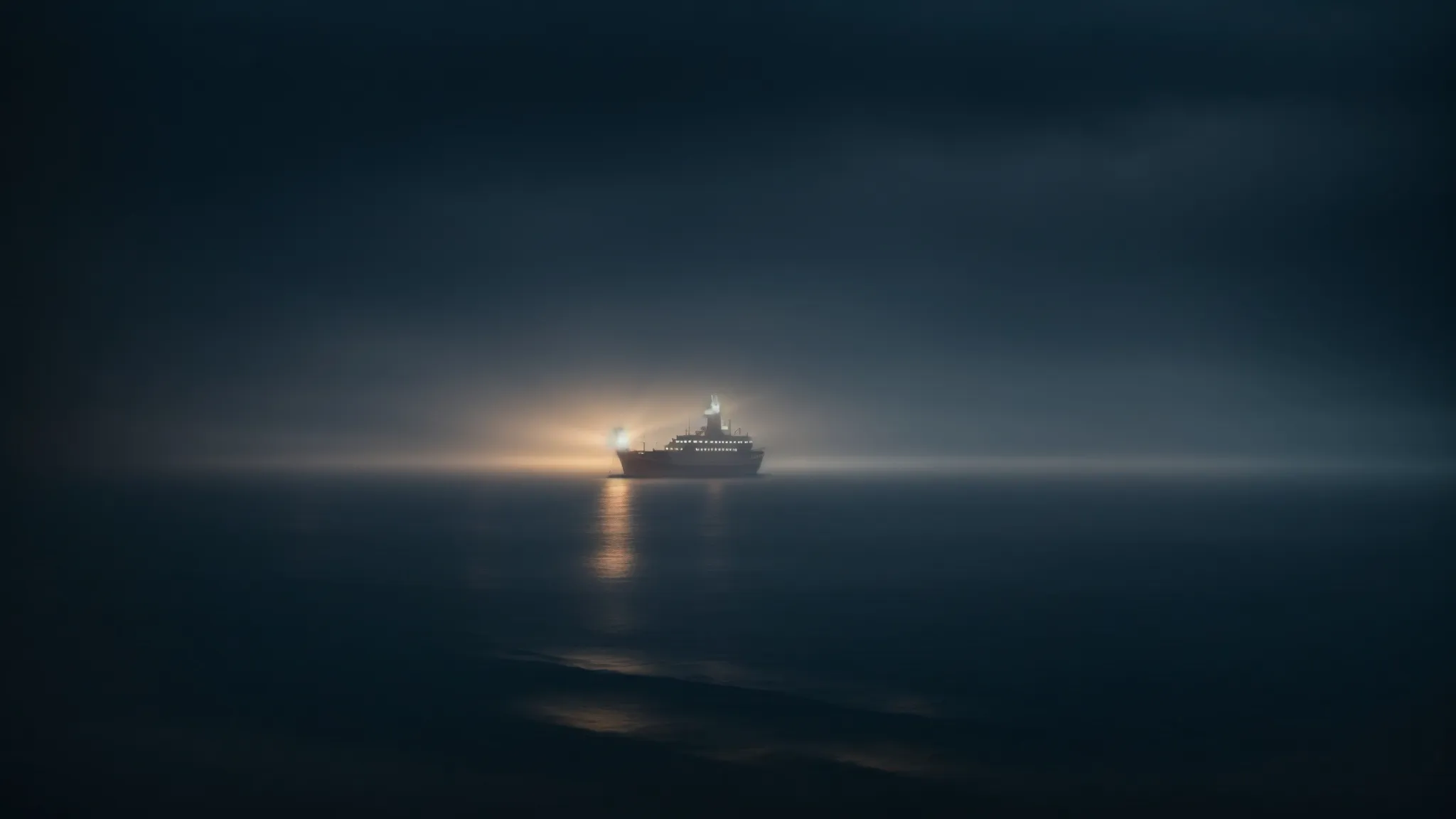 a ship navigates through a foggy sea at night, guided by a distant lighthouse's beam piercing the darkness.