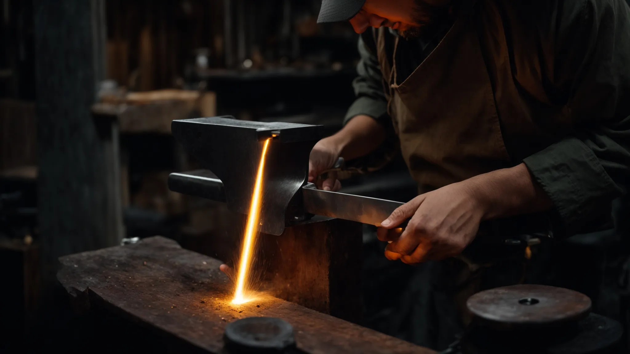 a skilled blacksmith meticulously shapes a glowing key on an anvil, symbolizing the crafting of a perfect email subject line.