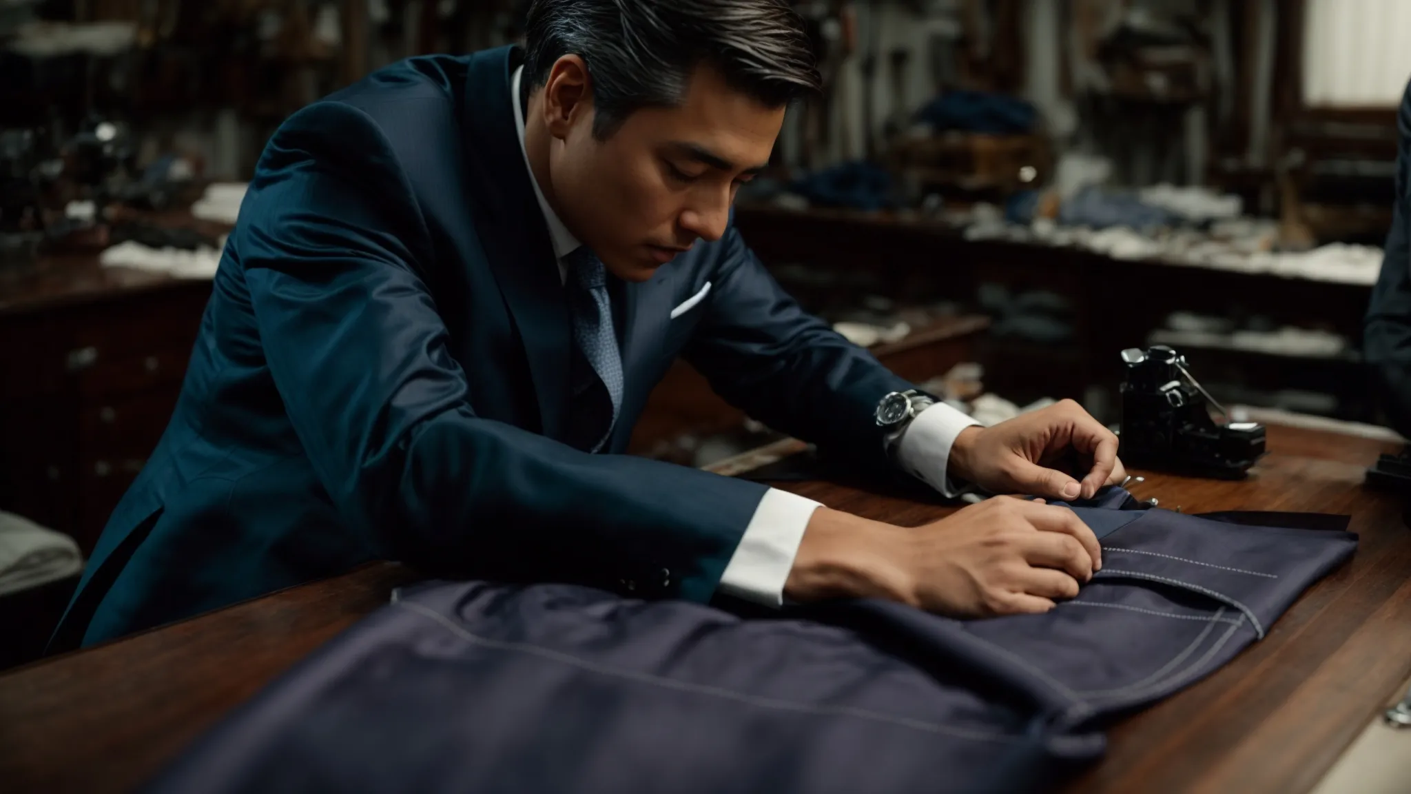 a tailor carefully measuring a suit laying on a worktable, surrounded by various tailoring tools.