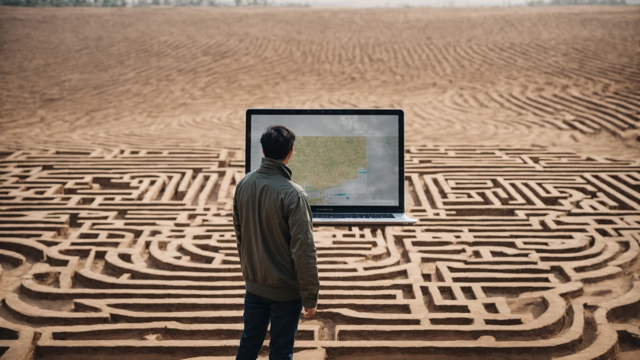 a person standing at the entrance of a maze, looking at a large, open laptop displaying a map with a pinpoint on it.