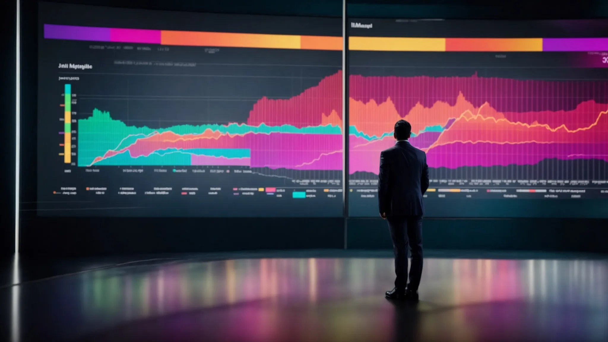 a digital marketer stands before a large screen displaying colorful graphs and segmented audience data, deeply engrossed in strategizing.