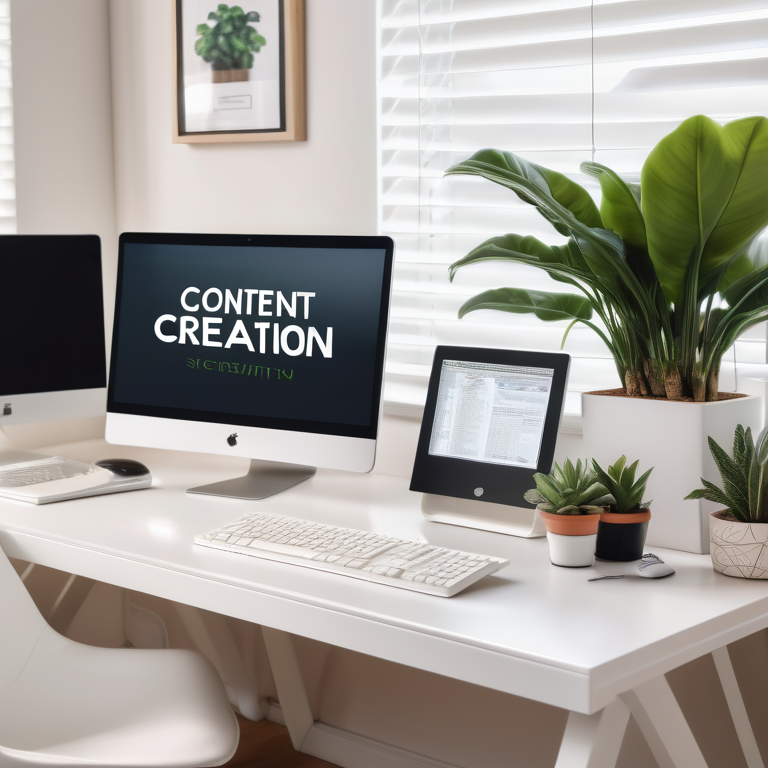 A home office desk with a computer displaying a content creation infographic, surrounded by plants and warm lighting.