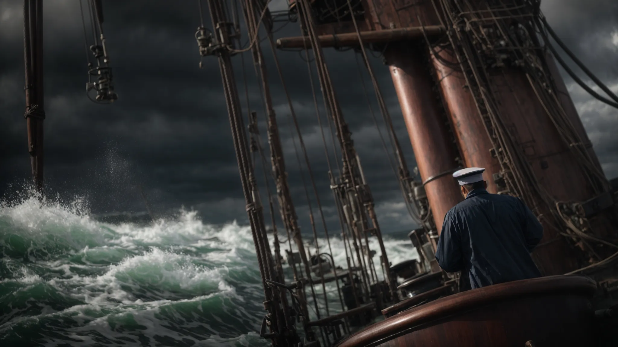 a captain steadies the wheel of a ship amidst a tumultuous sea, eyes fixed on the horizon.