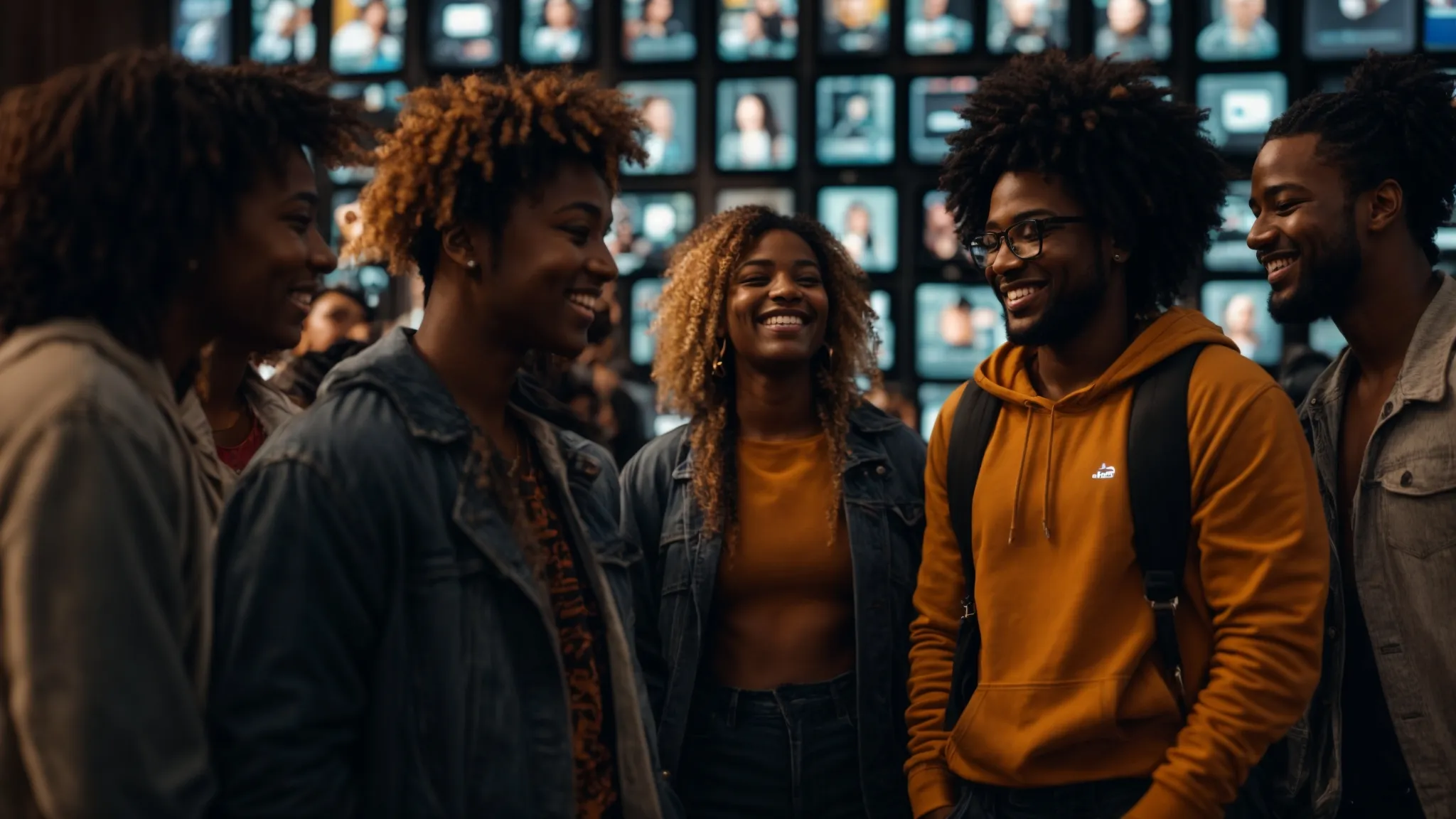 a group of diverse people smiling and interacting around a large, glowing digital screen displaying social media icons.