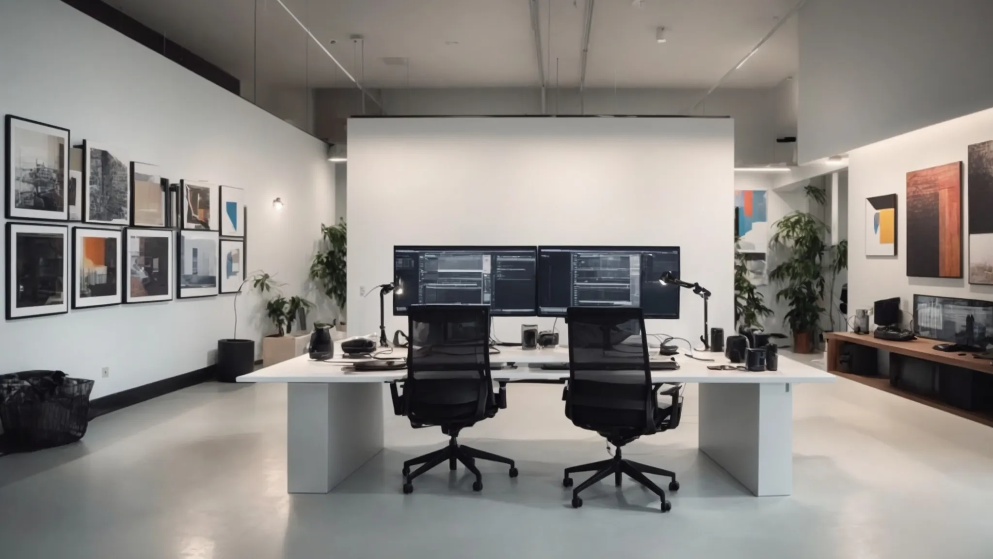 a spacious, well-lit room with a large, sleek desk harboring multiple monitors displaying various design software interfaces, surrounded by abstract art on the walls.