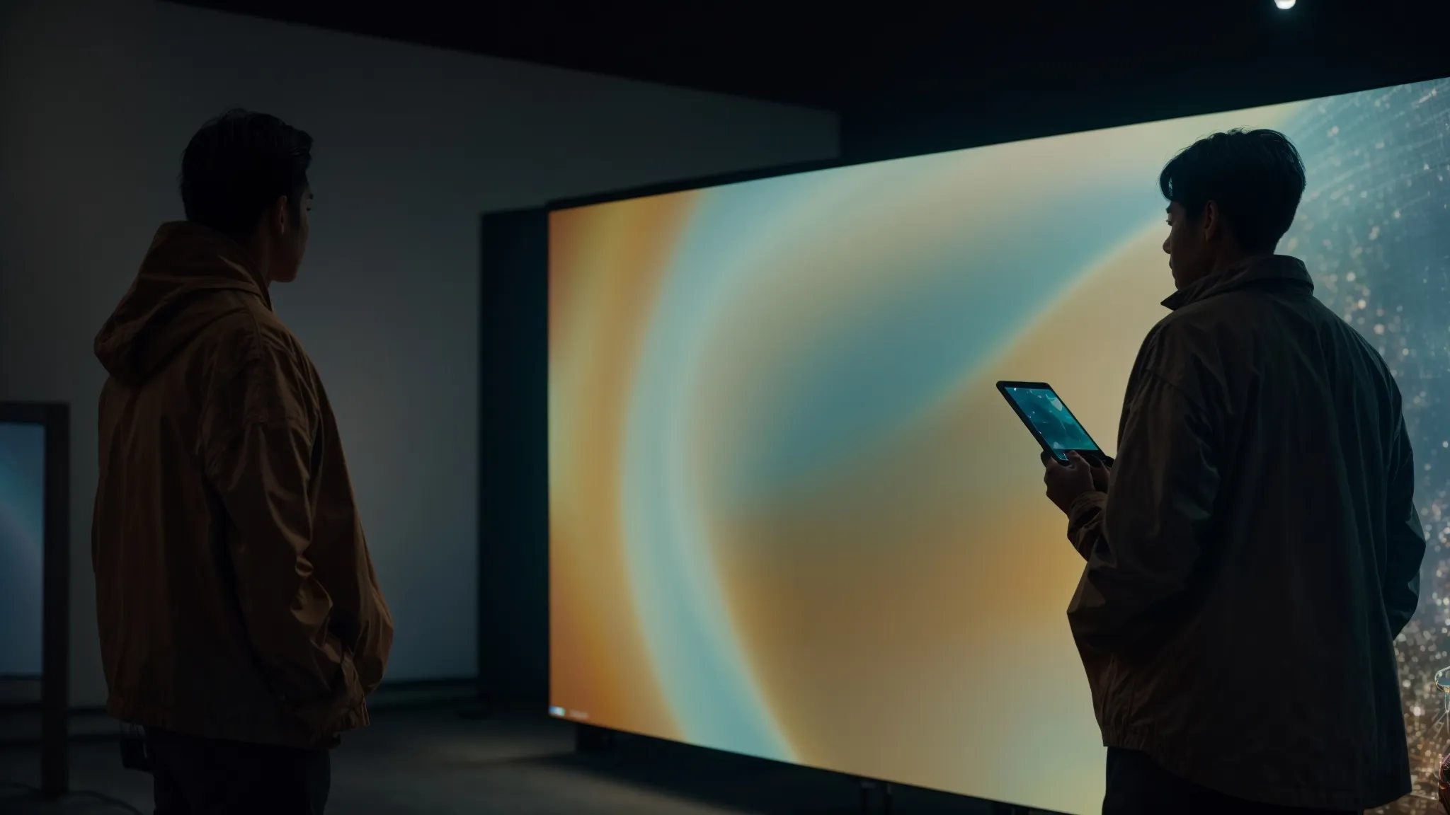 two artists stand side by side, gazing at a large, shared digital screen, painting with light pens.