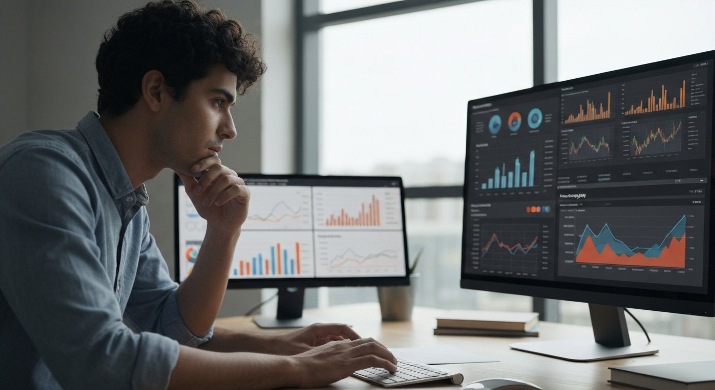 Marketer analyzing SEO data desk