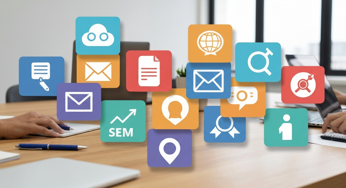 Digital marketing tools collage table