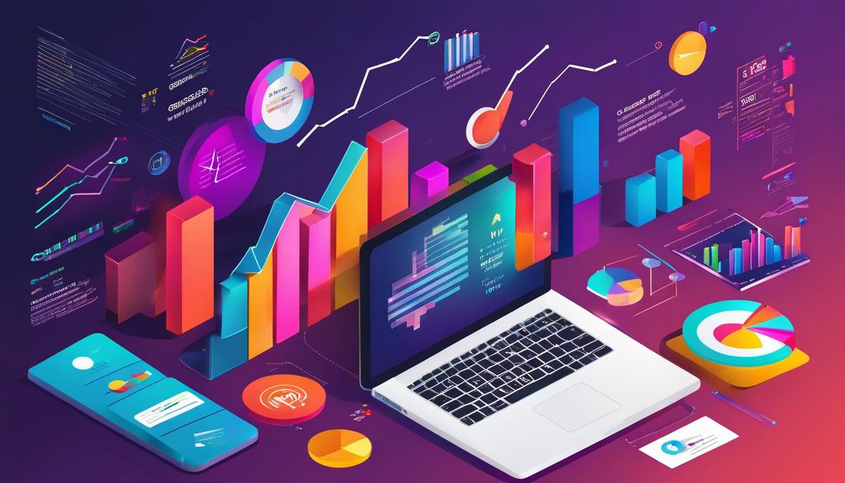 Illustration depicting the power of data in digital marketing, with colorful graphs and charts.